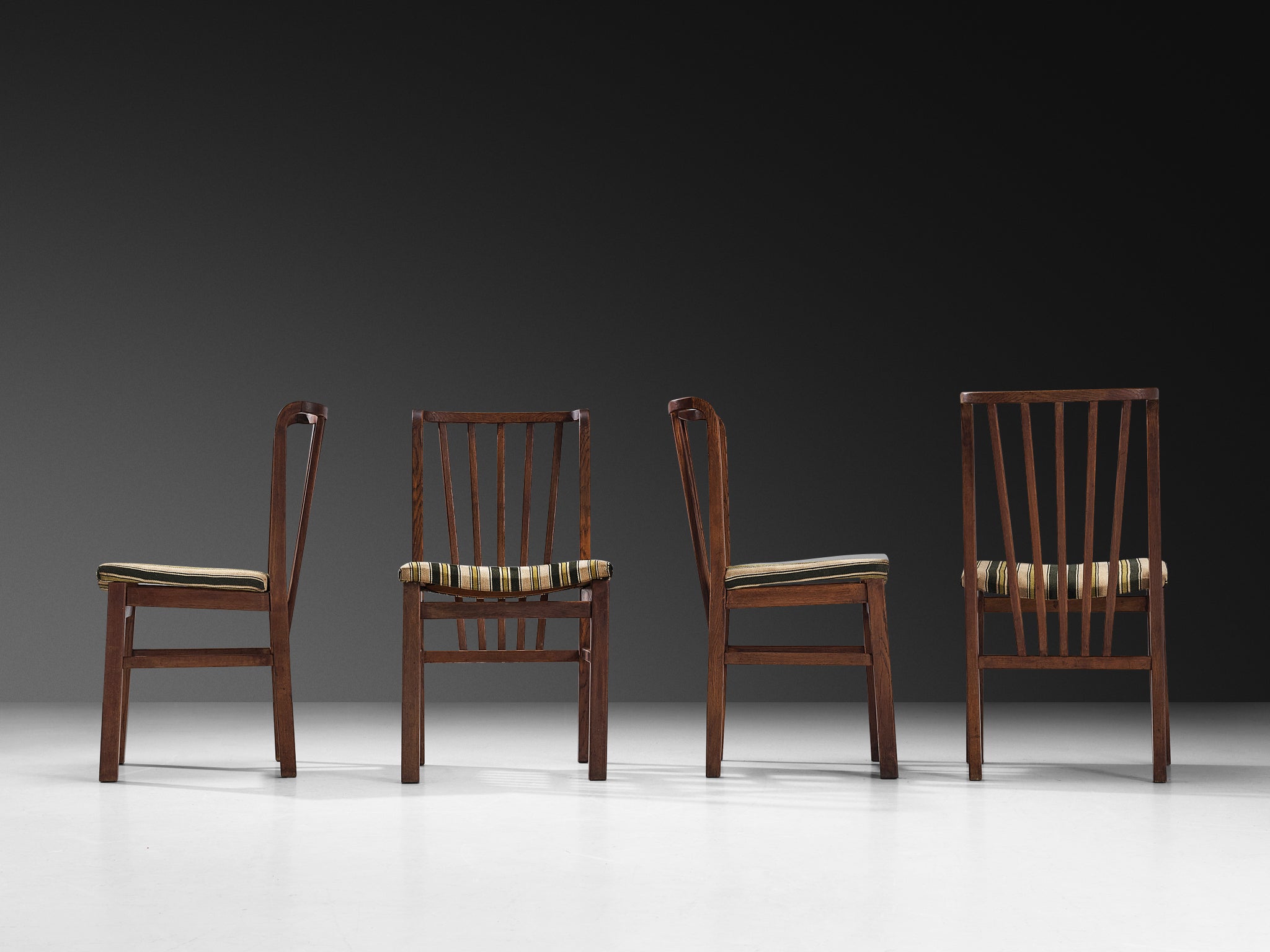 Set of Four Dining Chairs in Stained Oak and Striped Upholstery
