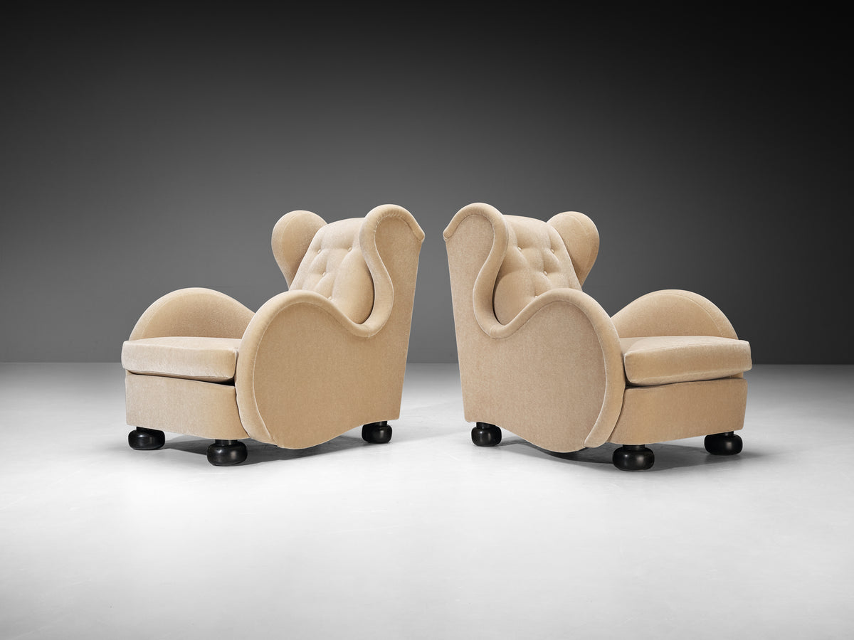 Rare René Drouet Pair of Easy Chairs in Beige Pierre Frey Mohair Seating Morentz