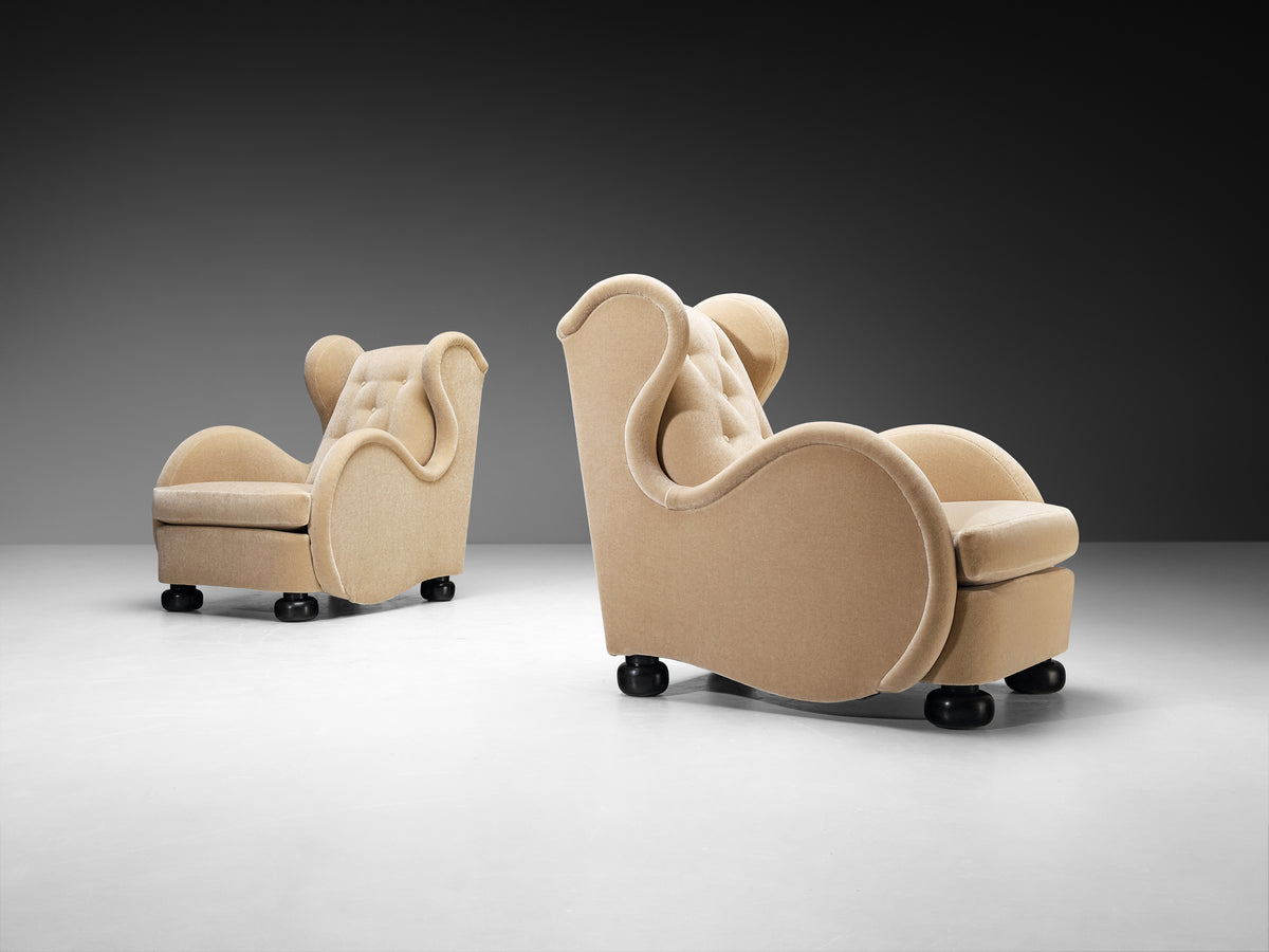 Rare René Drouet Pair of Easy Chairs in Beige Pierre Frey Mohair Seating Morentz