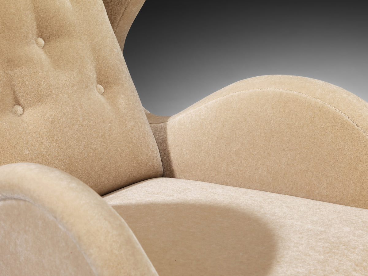 Rare René Drouet Pair of Easy Chairs in Beige Pierre Frey Mohair Seating Morentz