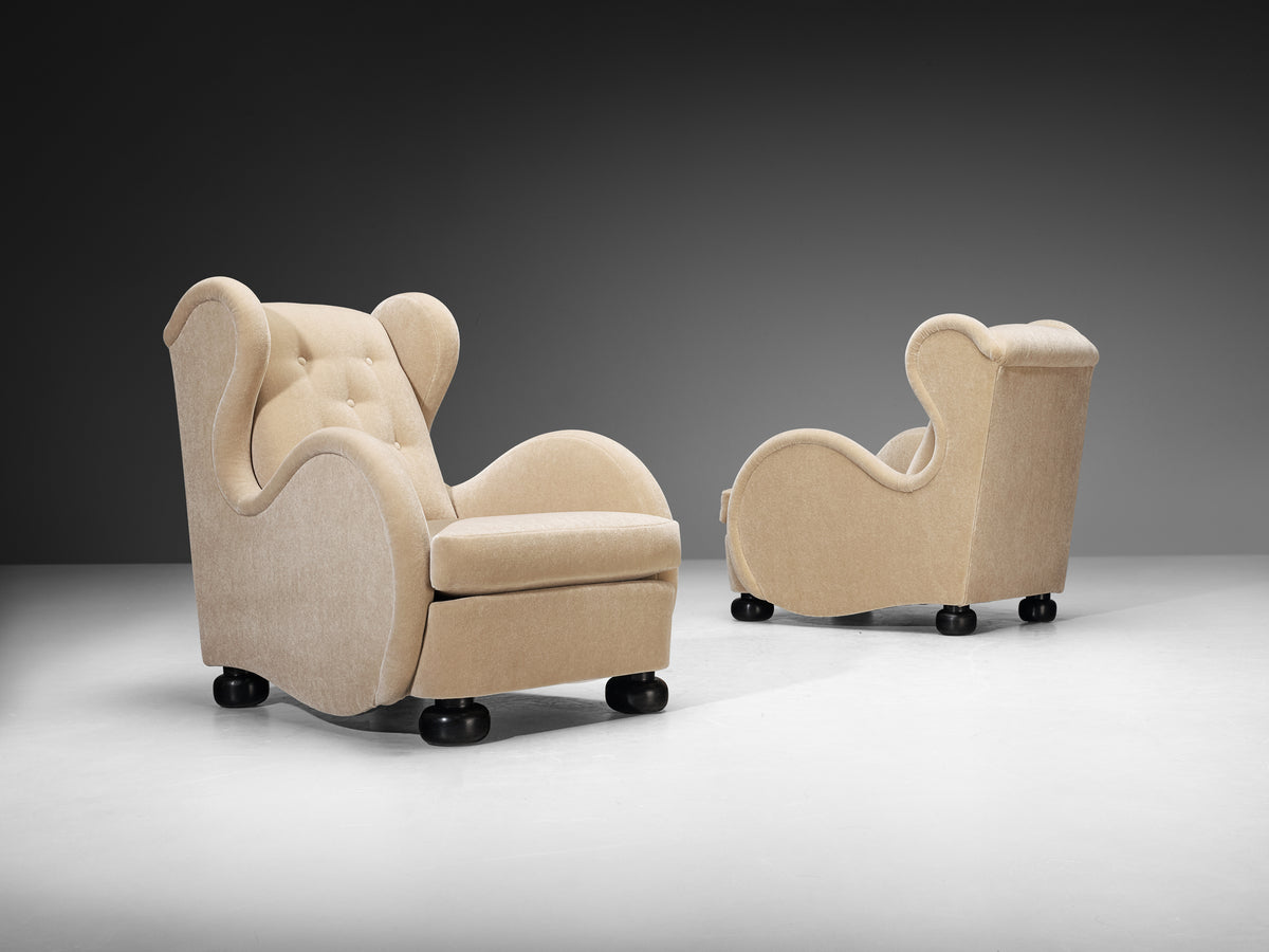 Rare René Drouet Pair of Easy Chairs in Beige Pierre Frey Mohair Seating Morentz