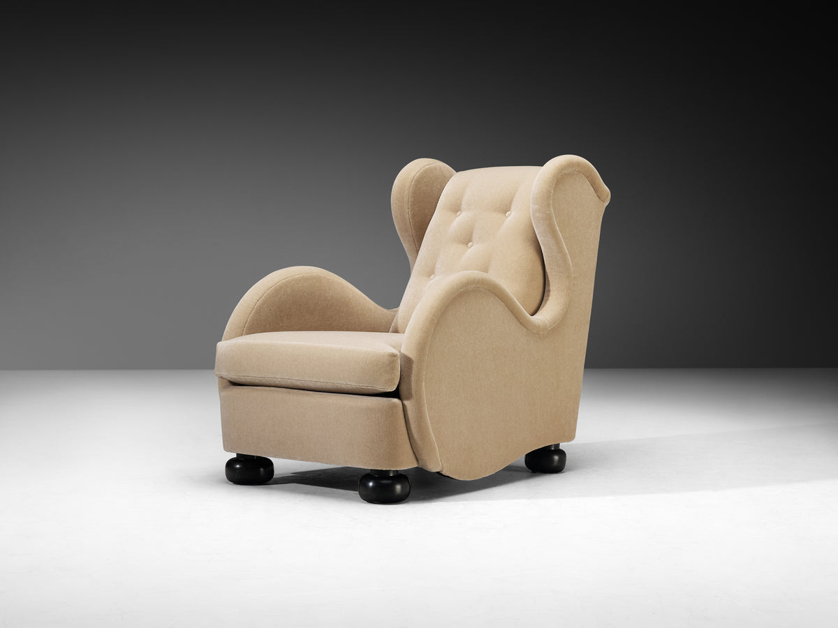 Rare René Drouet Pair of Easy Chairs in Beige Pierre Frey Mohair Seating Morentz