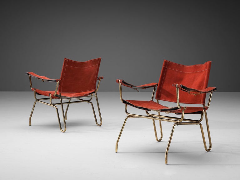 A. Dolleman for Metz & Co Pair of Armchairs in Suede and Brass