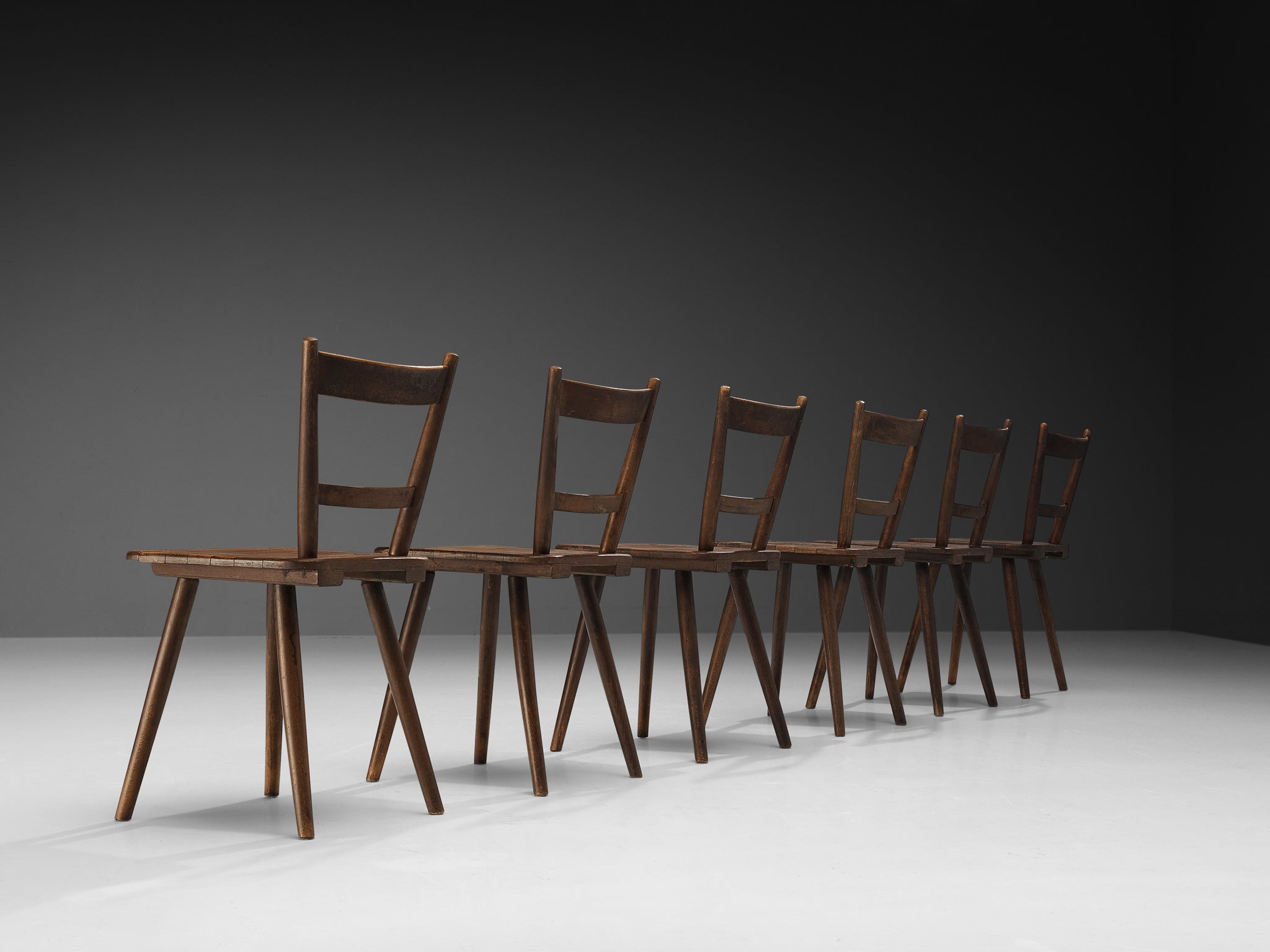 Set of Six French Pastoral Dining Chairs in Stained Wood Seating Morentz