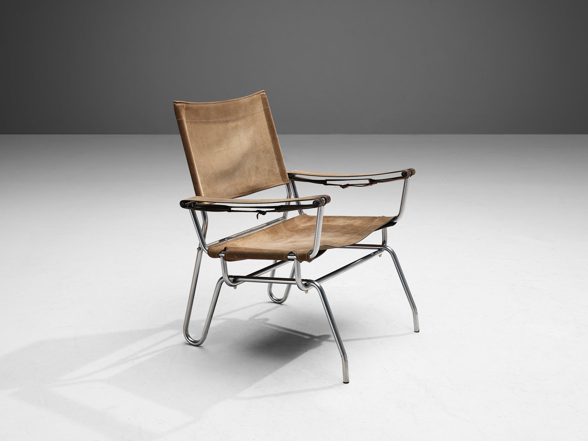 A. Dolleman for Metz & Co Armchair in Suede with Tubular Metal Frame seating Morentz