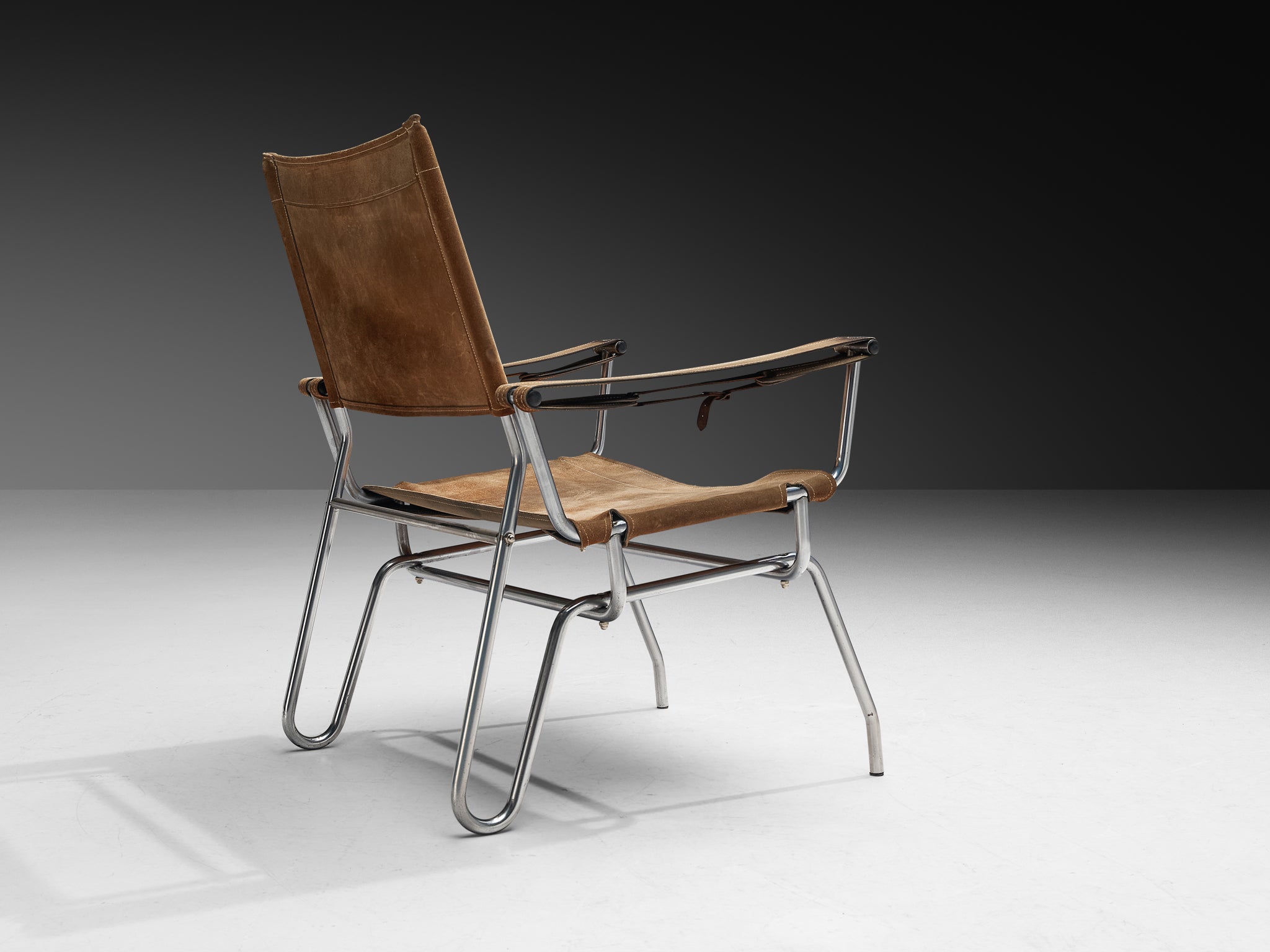A. Dolleman for Metz & Co Armchair in Suede with Tubular Metal Frame Seating Morentz