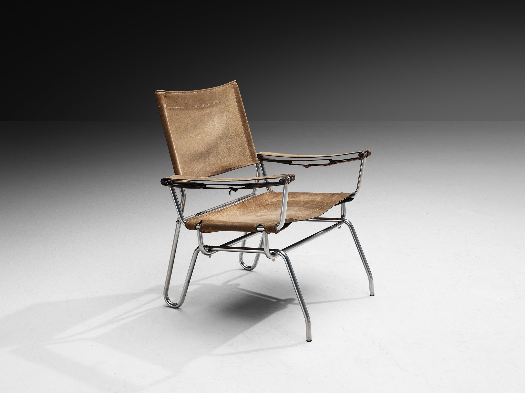 A. Dolleman for Metz & Co Armchair in Suede with Tubular Metal Frame Seating Morentz