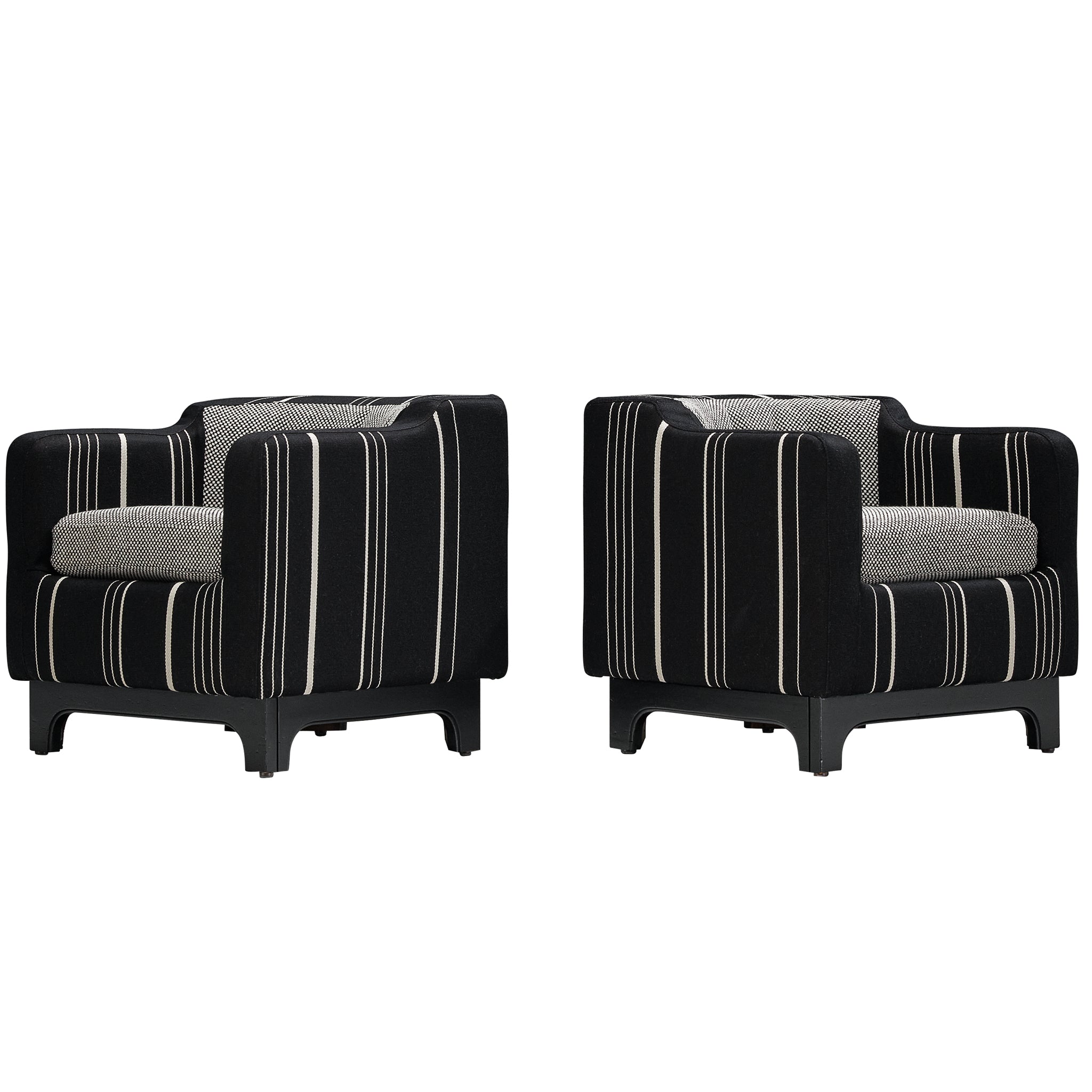 1950s Mid-Century Modern Pair of Italian Club Chairs in Black White Fabric Seating Morentz