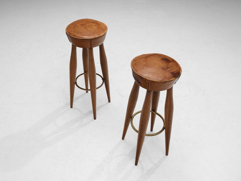 Italian Stools in Oak and Cognac Leather