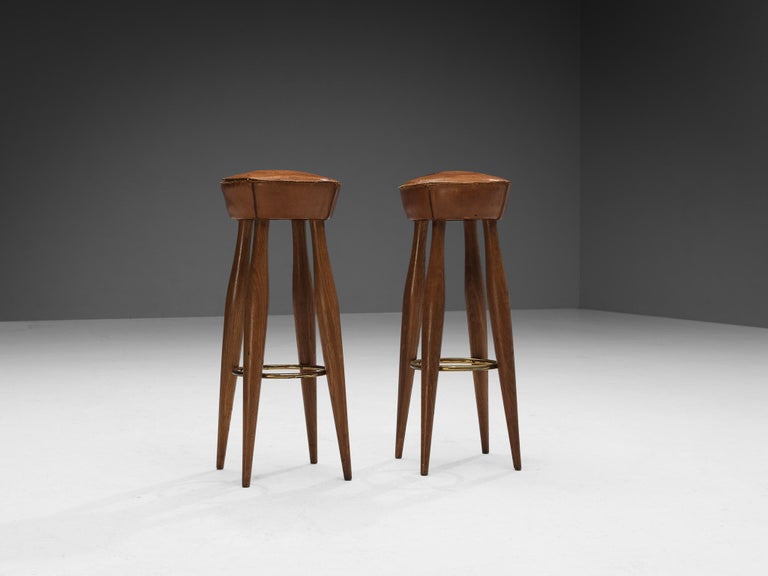 Italian Stools in Oak and Cognac Leather