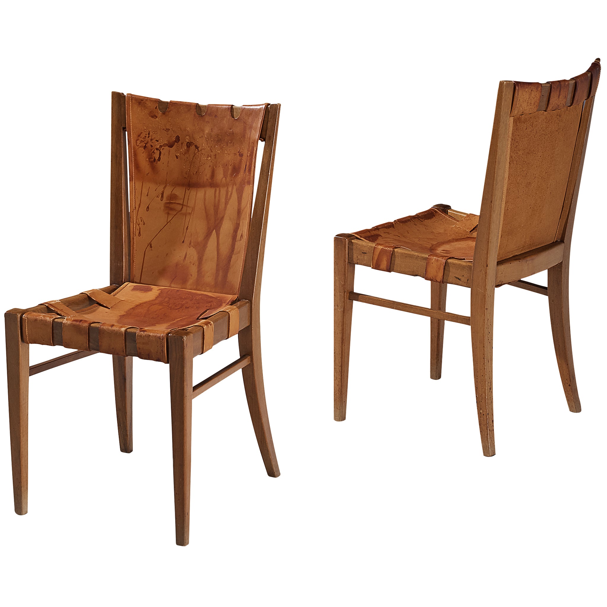 Rare Guglielmo Pecorini Pair of Chairs in Walnut and Cognac Leather Seating Morentz