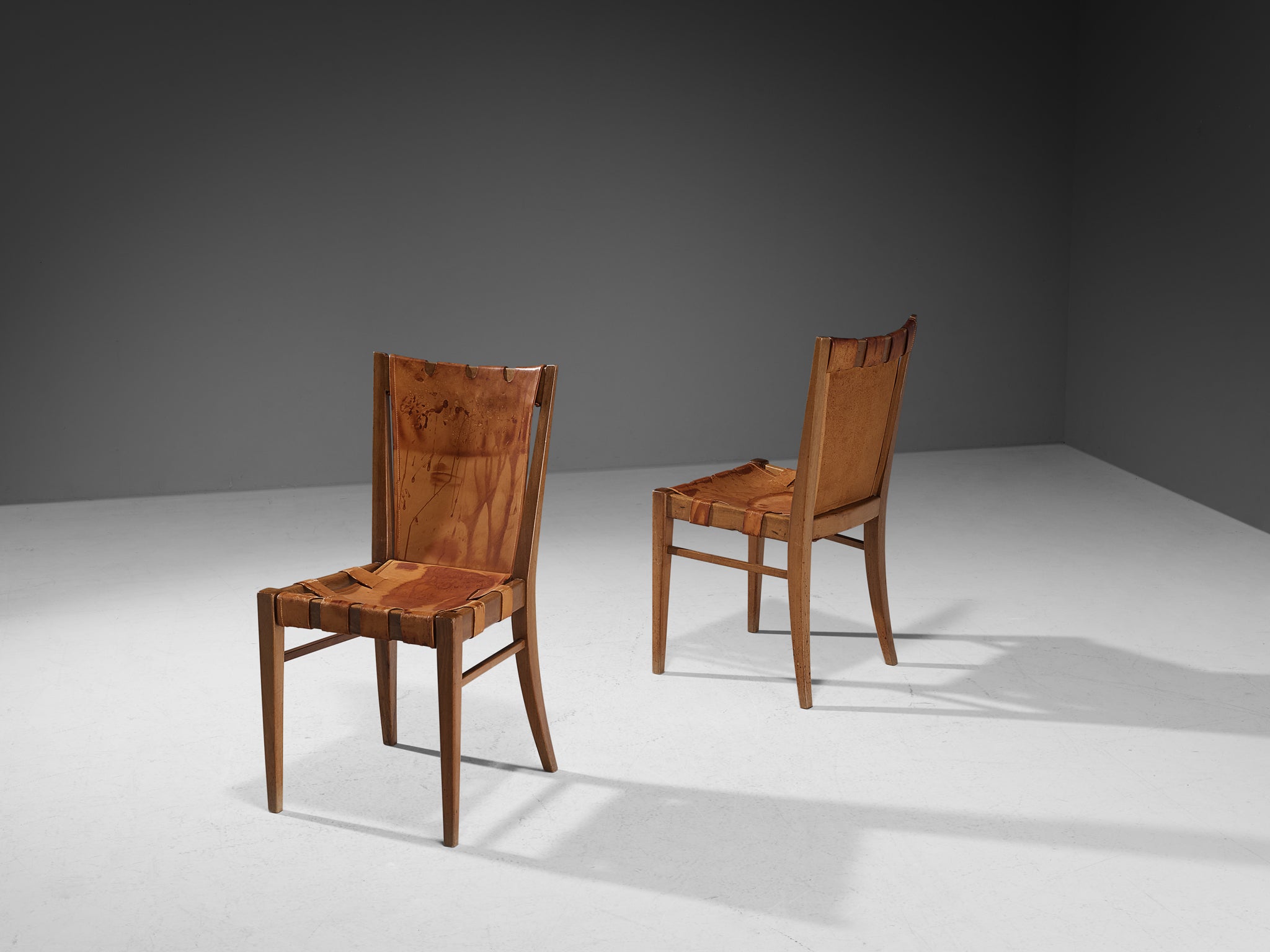 Rare Guglielmo Pecorini Pair of Chairs in Walnut and Cognac Leather Seating Morentz
