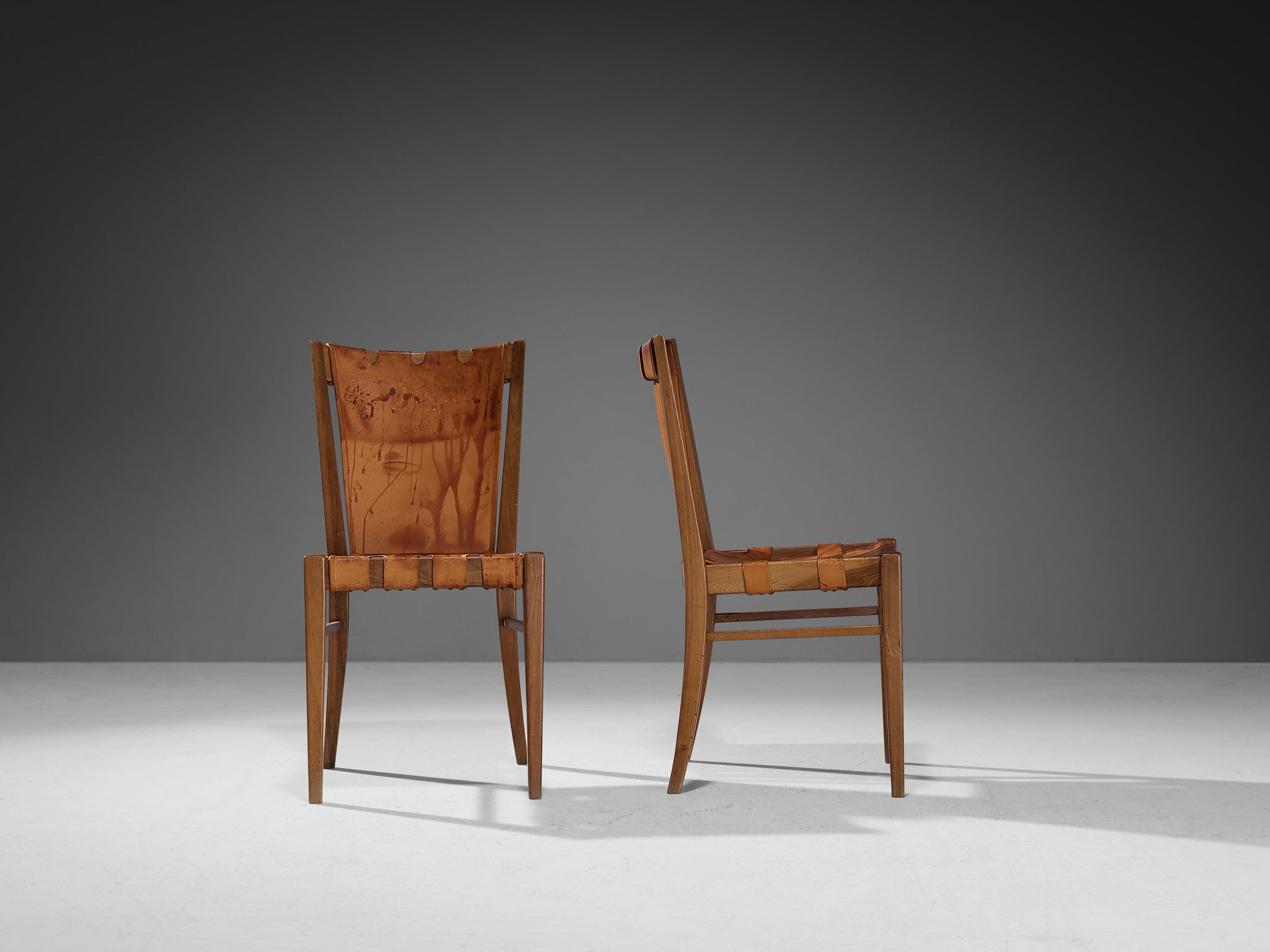 Rare Guglielmo Pecorini Pair of Chairs in Walnut and Cognac Leather Seating Morentz