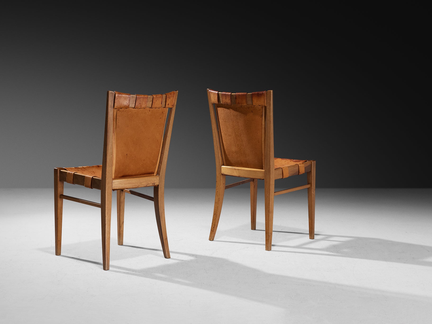 Rare Guglielmo Pecorini Pair of Chairs in Walnut and Cognac Leather Seating Morentz