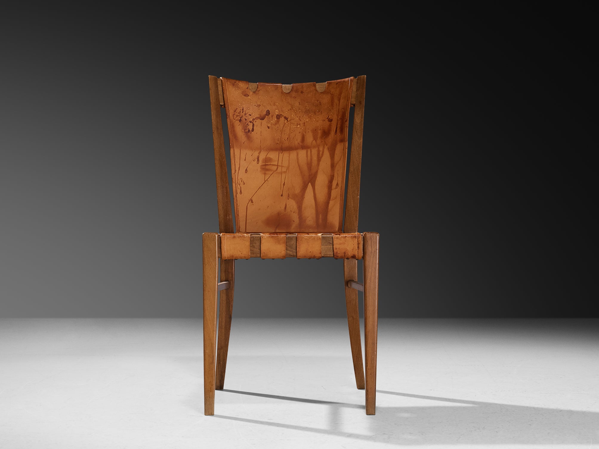Rare Guglielmo Pecorini Pair of Chairs in Walnut and Cognac Leather Seating Morentz