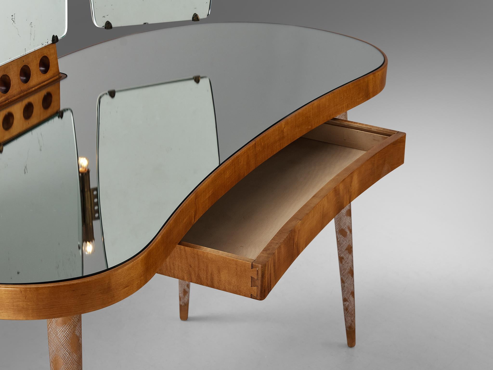 Rare Osvaldo Borsani Vanity Table in Maple with Mirrors and Built-in Lights