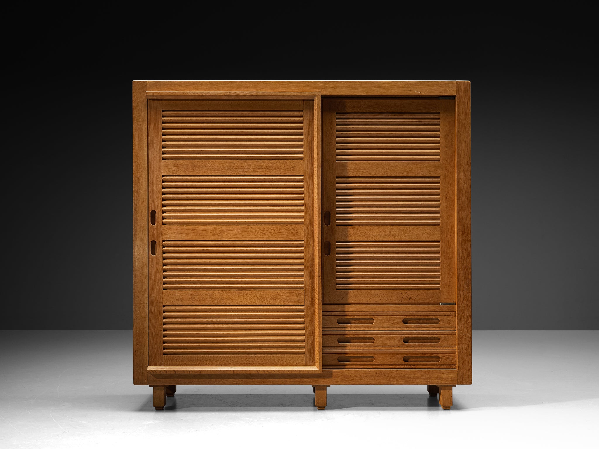 Guillerme & Chambron Highboard in Oak with Carved Doors Case pieces and storage cabinets Morentz