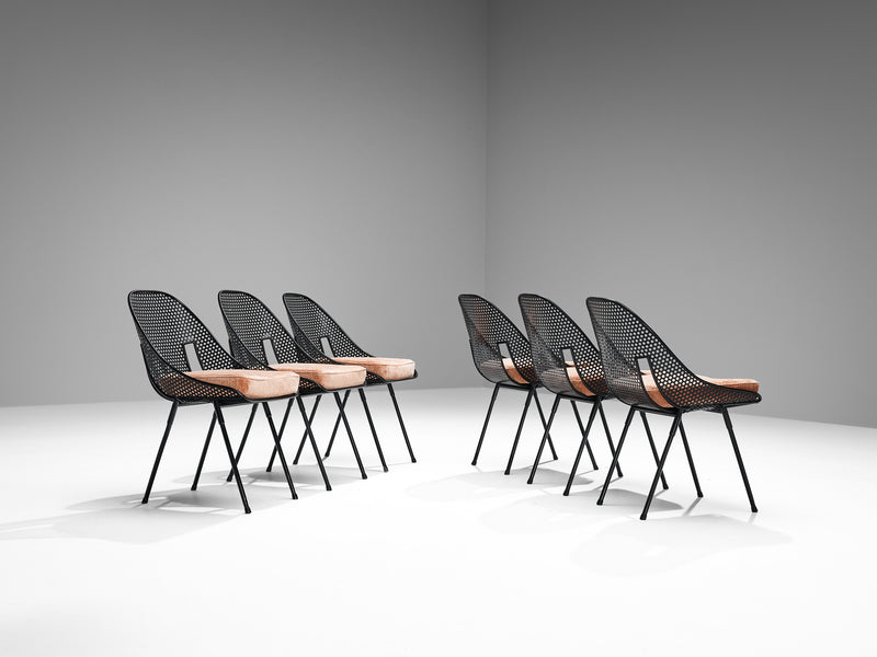 Rare Giuseppe De Vivo Set of Six Chairs in Black Perforated Metal