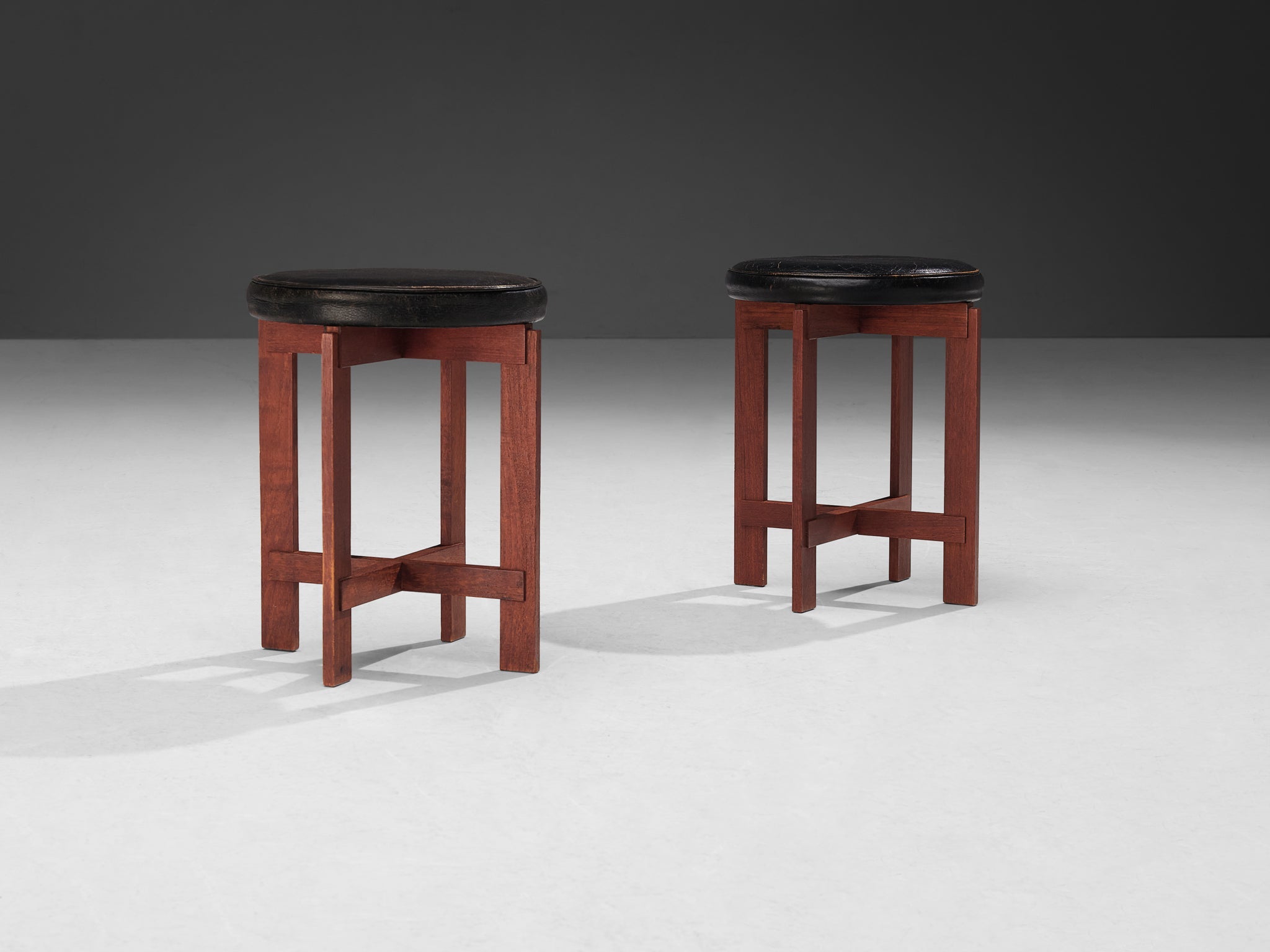 Uno & Östen Kristiansson Pair of Stools in Leather and Teak seating Morentz