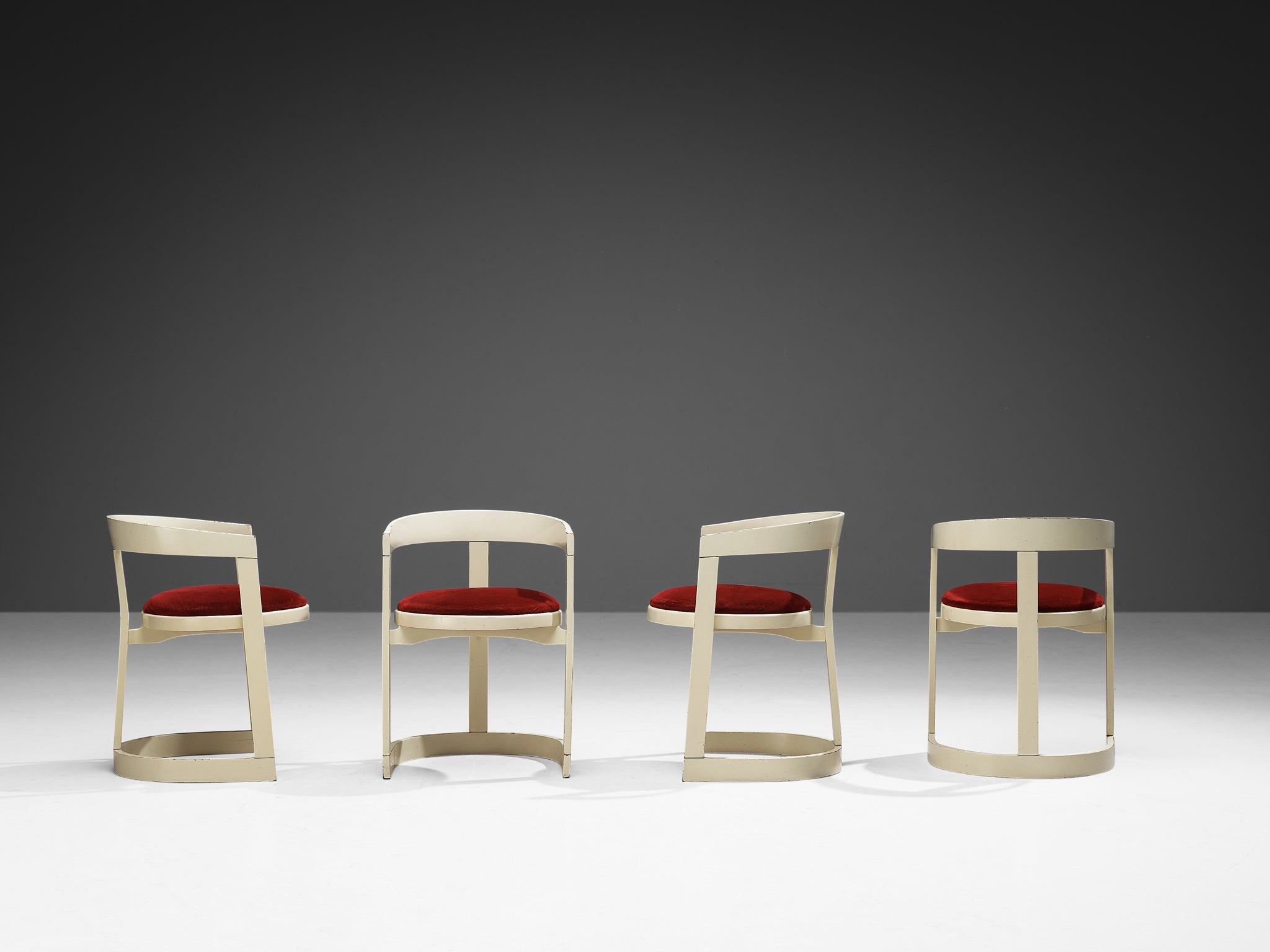 Italian Set of Six Dining Chairs in Red Velvet and White Lacquered Wood seating Morentz