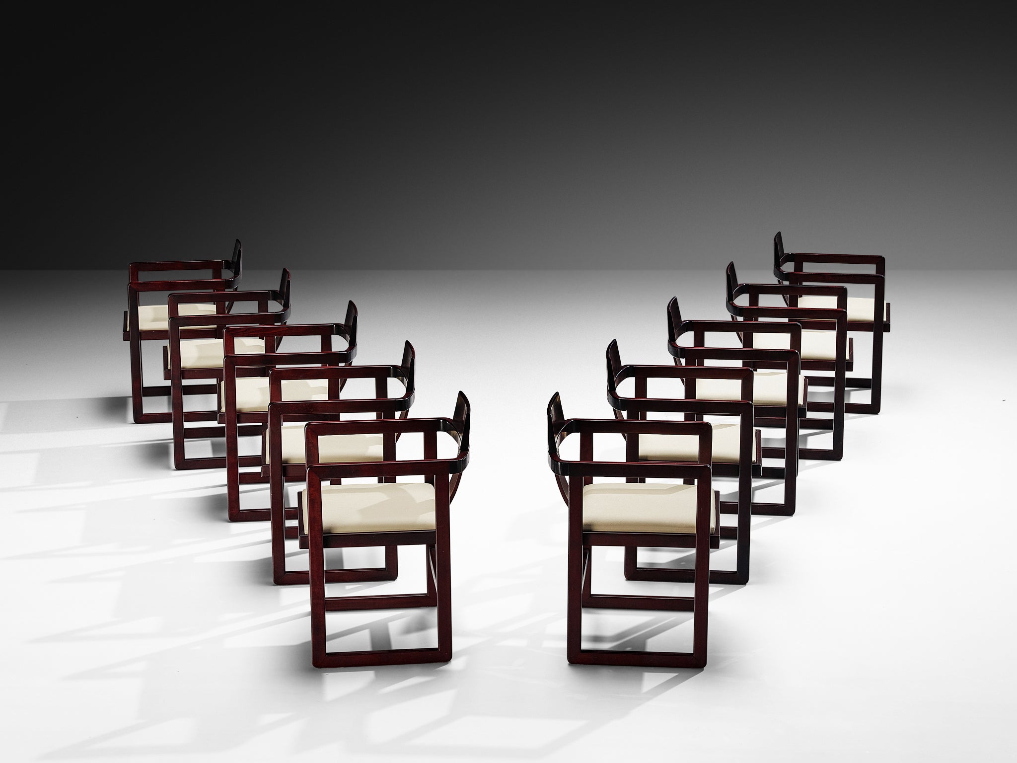 Italian Set of Twelve Geometric Armchairs in Stained Wood Seating Morentz