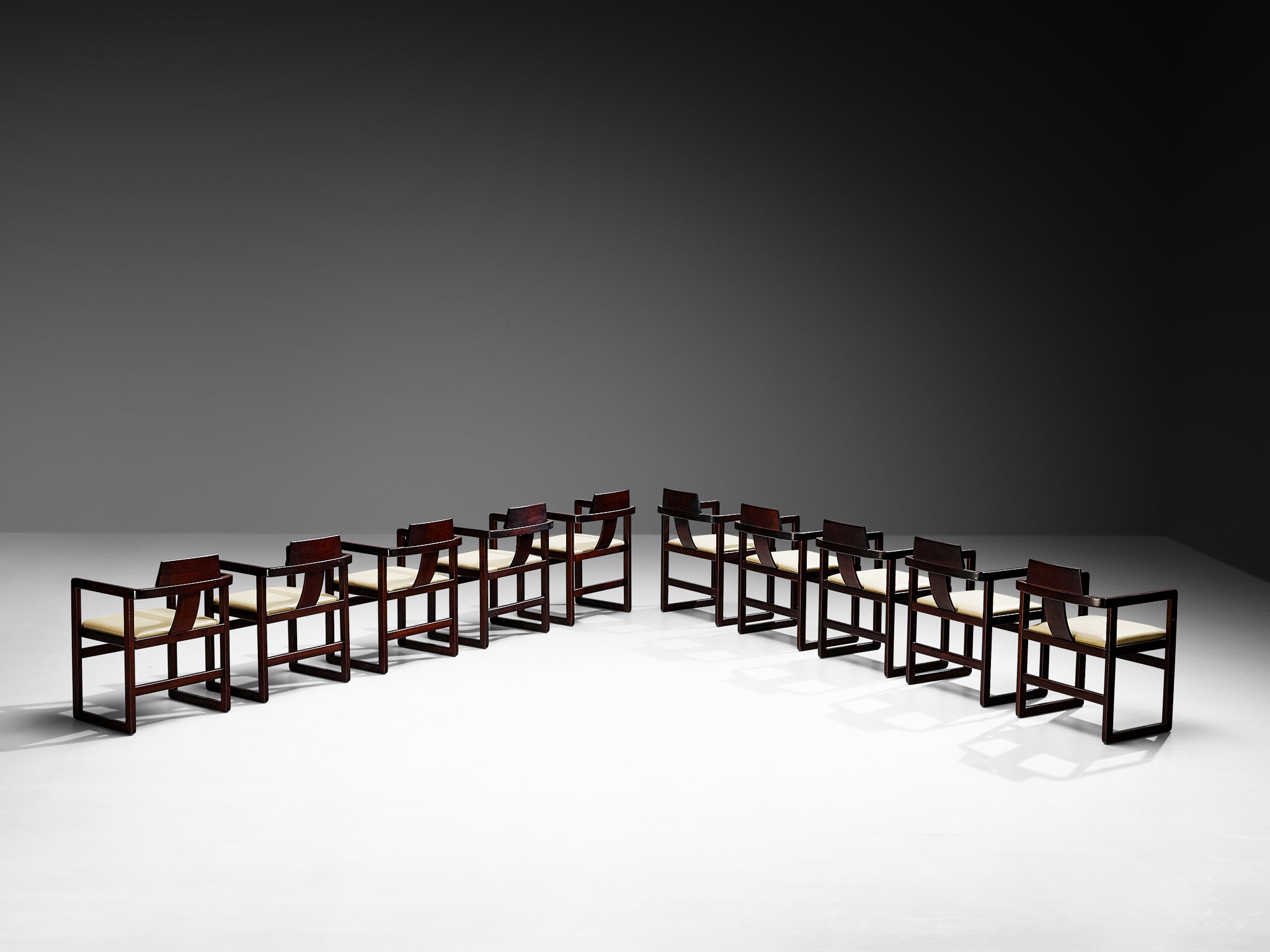 Italian Set of Twelve Geometric Armchairs in Stained Wood Seating Morentz