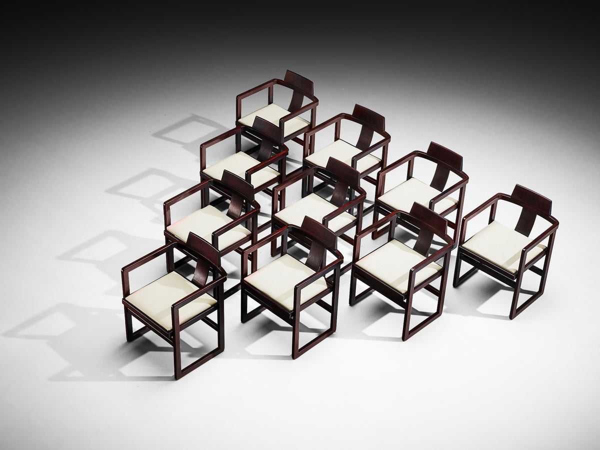 Italian Set of Twelve Geometric Armchairs in Stained Wood Seating Morentz