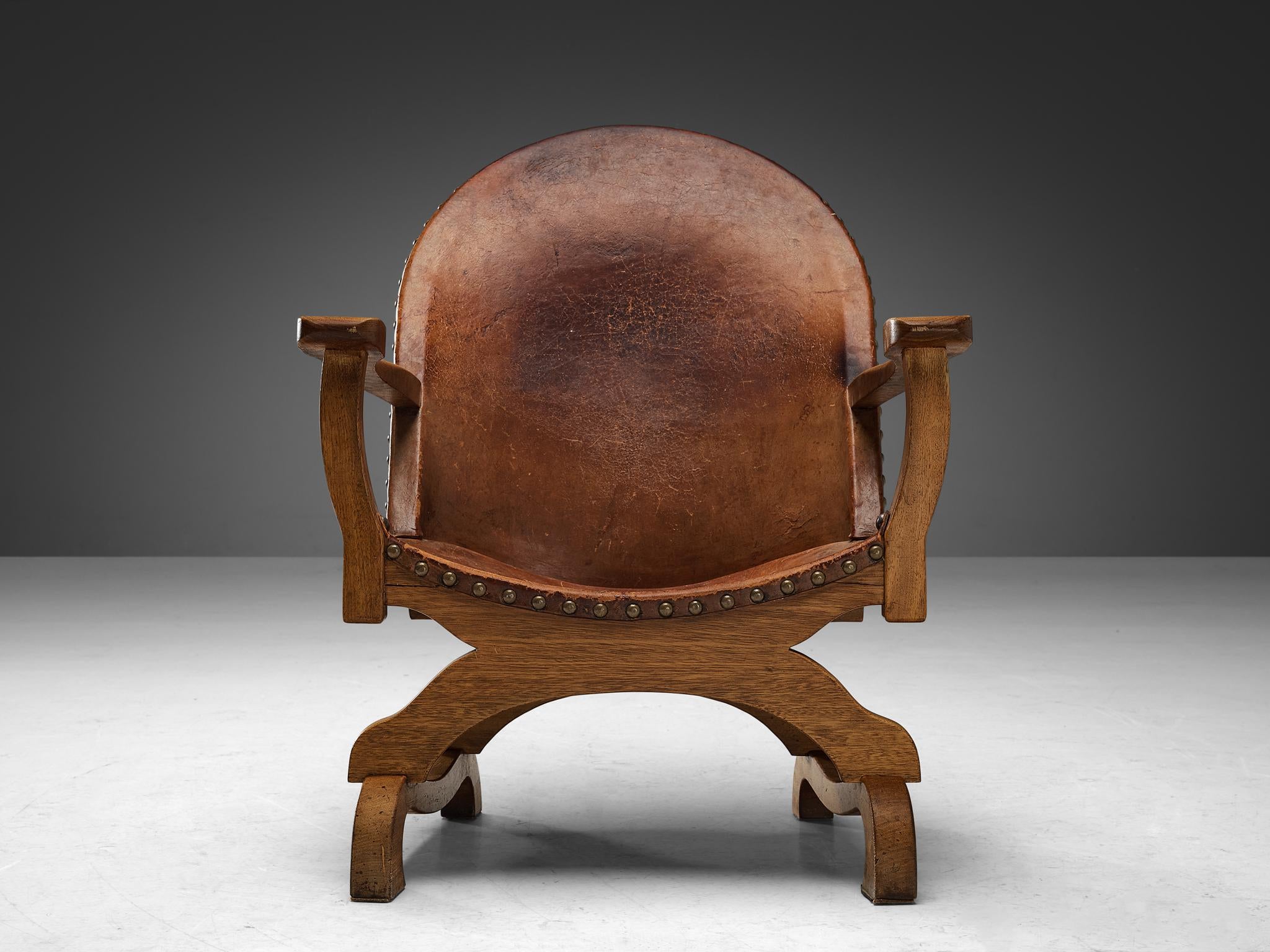 Spanish Armchair in Cognac Leather and Oak