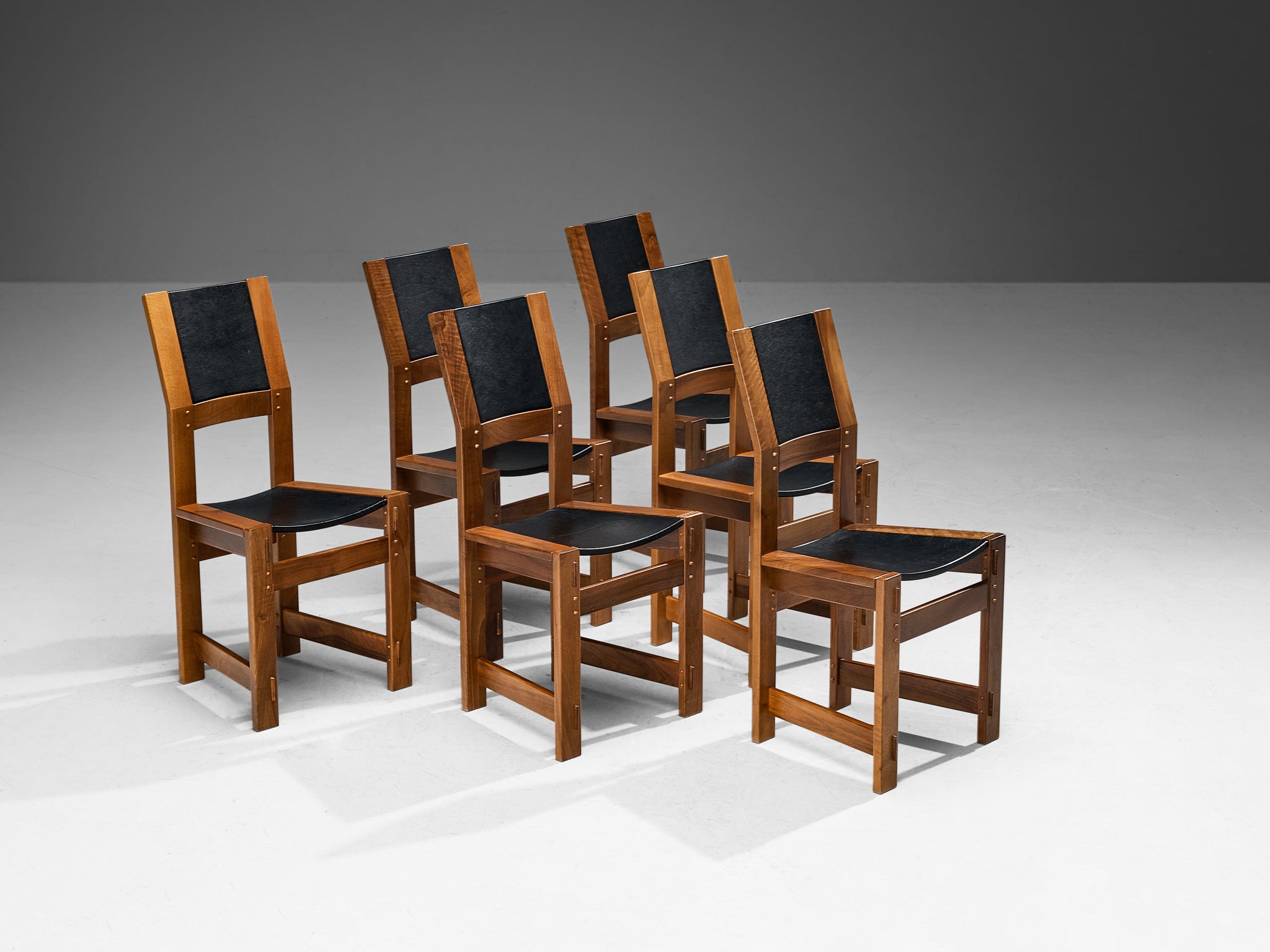 Giuseppe Rivadossi Set of Six Dining Chairs in Walnut and Black Upholstery Seating Morentz