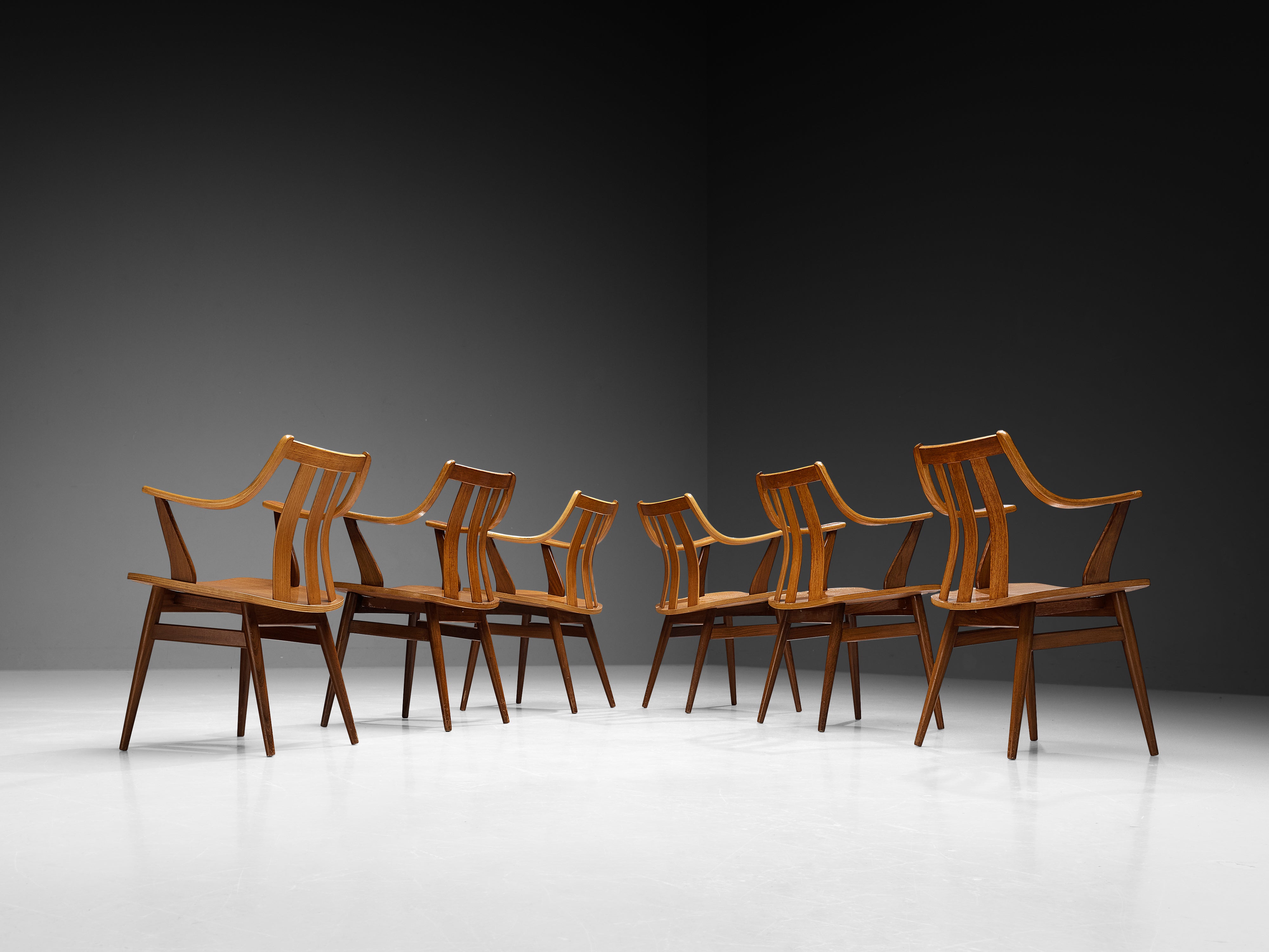 Dutch Set of Six Organically Curved Dining Chairs in Teak Seating Morentz