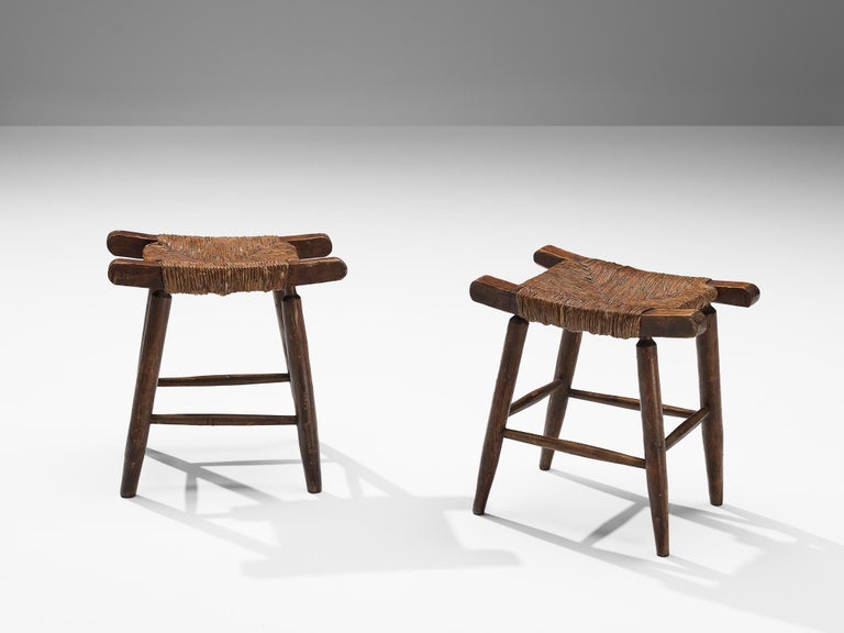 Spanish Rustic Stools in Stained Wood and Straw