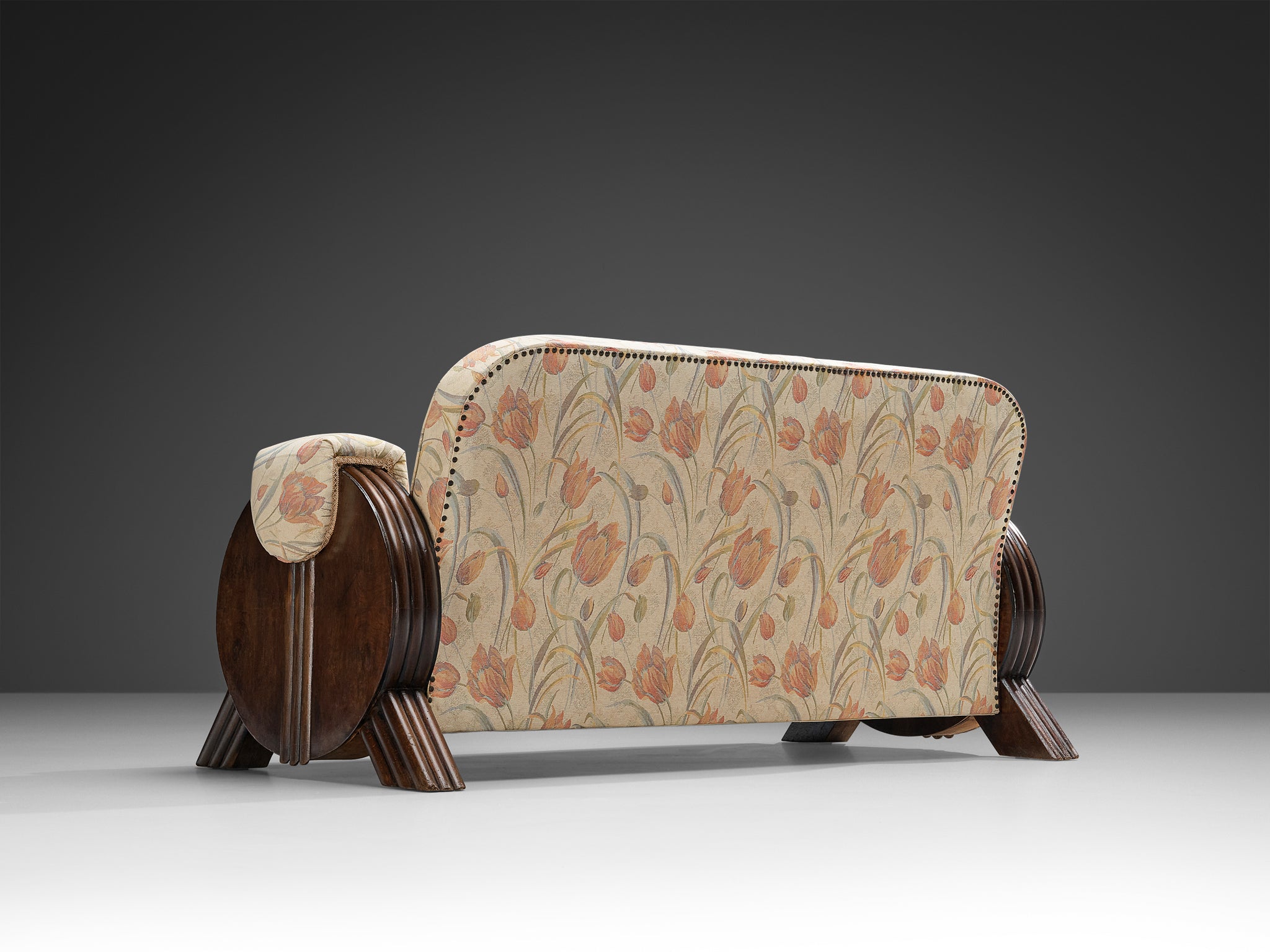 Italian Art Deco Sofa in Floral Upholstery and Wood Seating Morentz