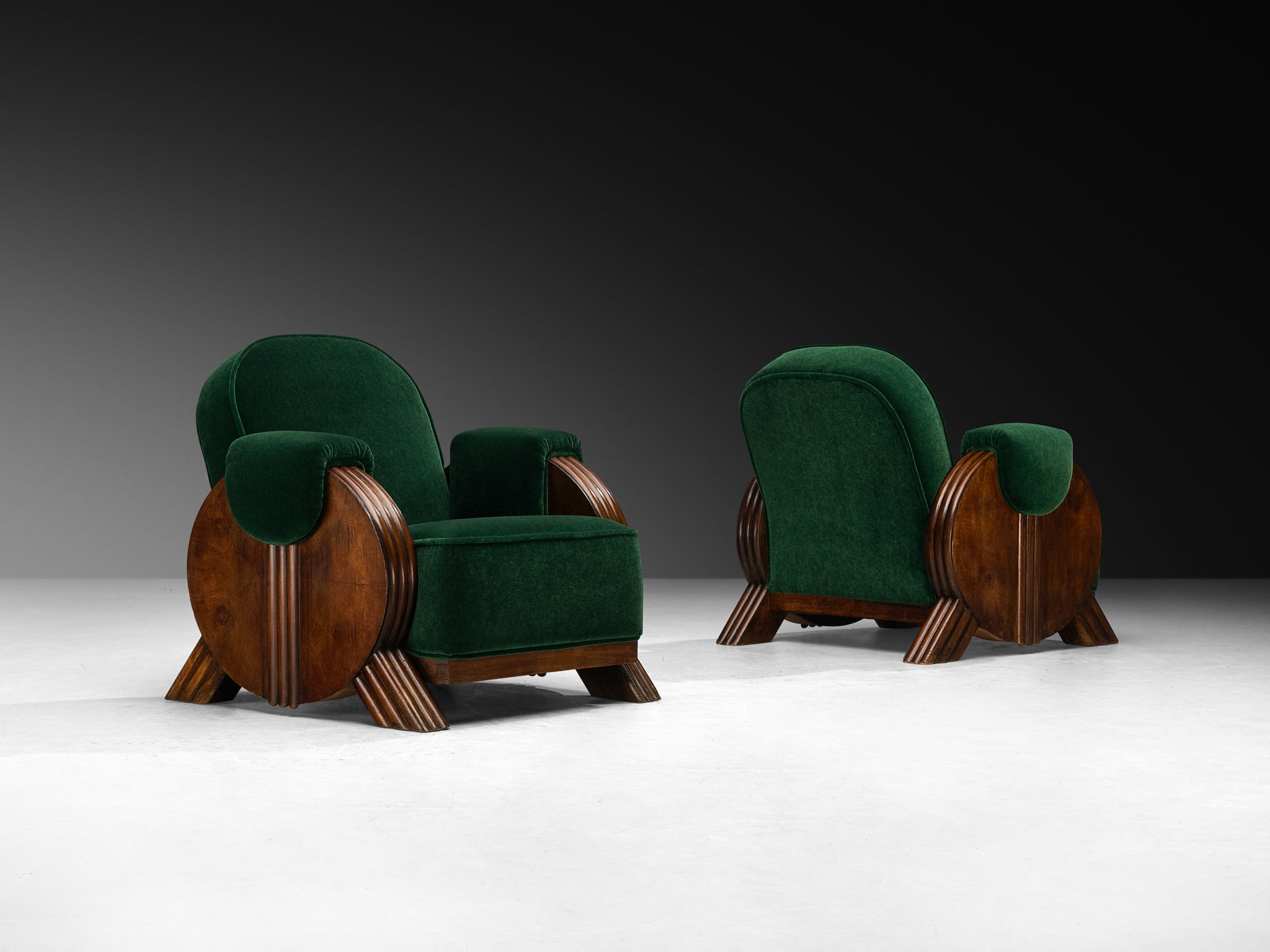 Italian Art Deco Pair of Lounge Chairs in Forest Green Mohair by Pierre Frey Seating Morentz