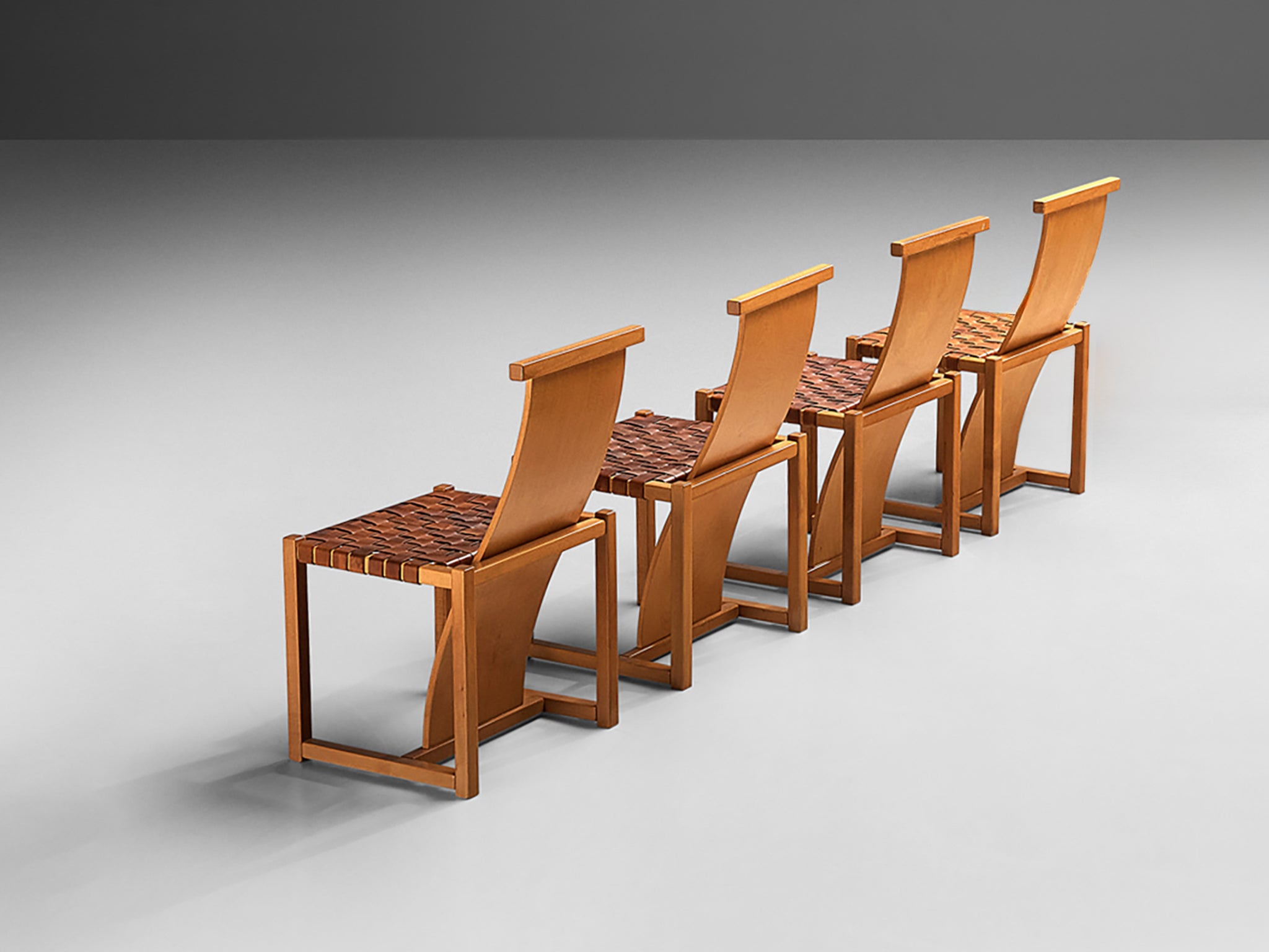 Italian Set of Four Dining Chairs With Woven Leather Seats and High Backrests Seating Morentz