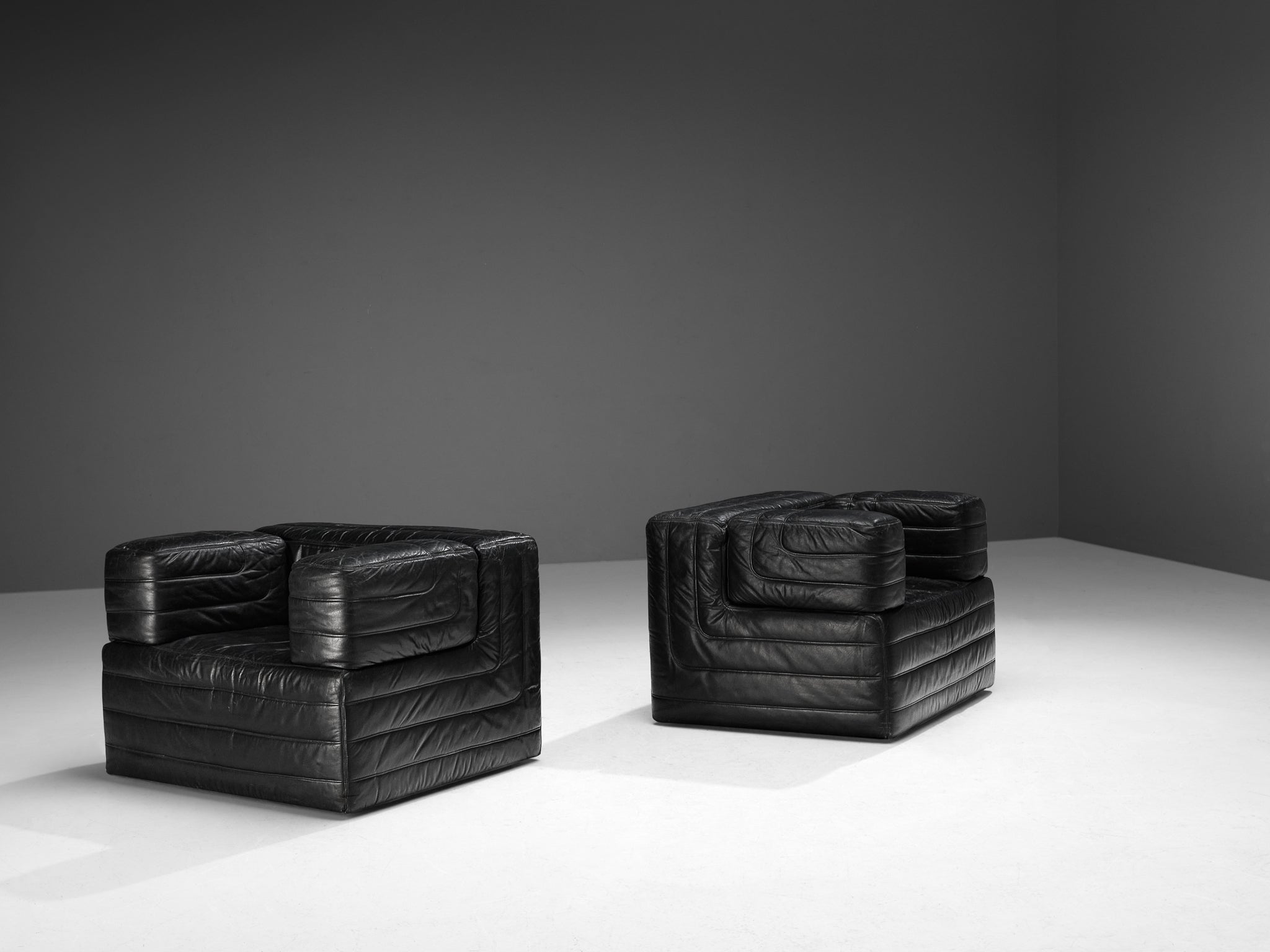 Italian Pair of Cubic Lounge Chairs in Black Leather seating Morentz