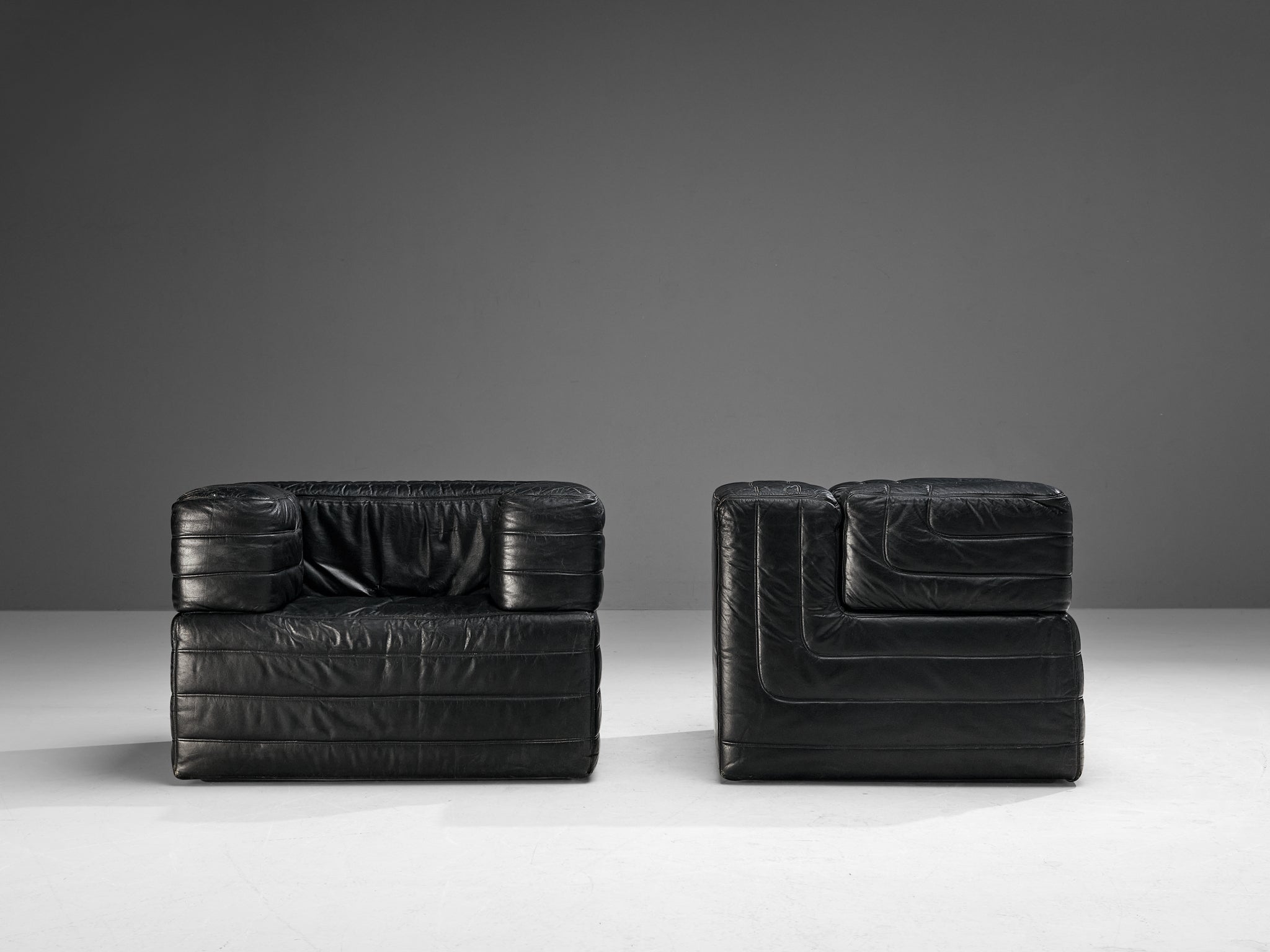 Italian Pair of Cubic Lounge Chairs in Black Leather seating Morentz