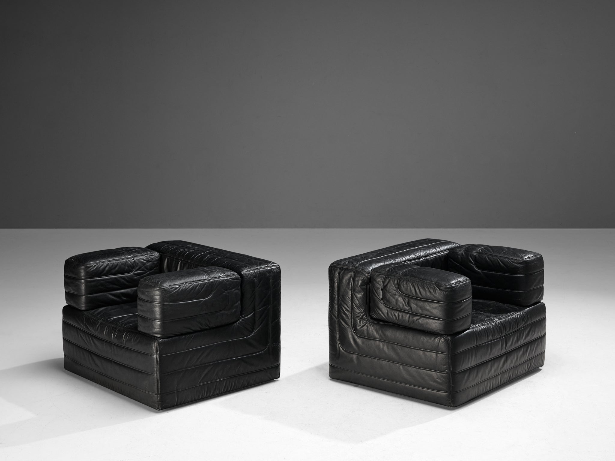 Italian Pair of Cubic Lounge Chairs in Black Leather seating Morentz