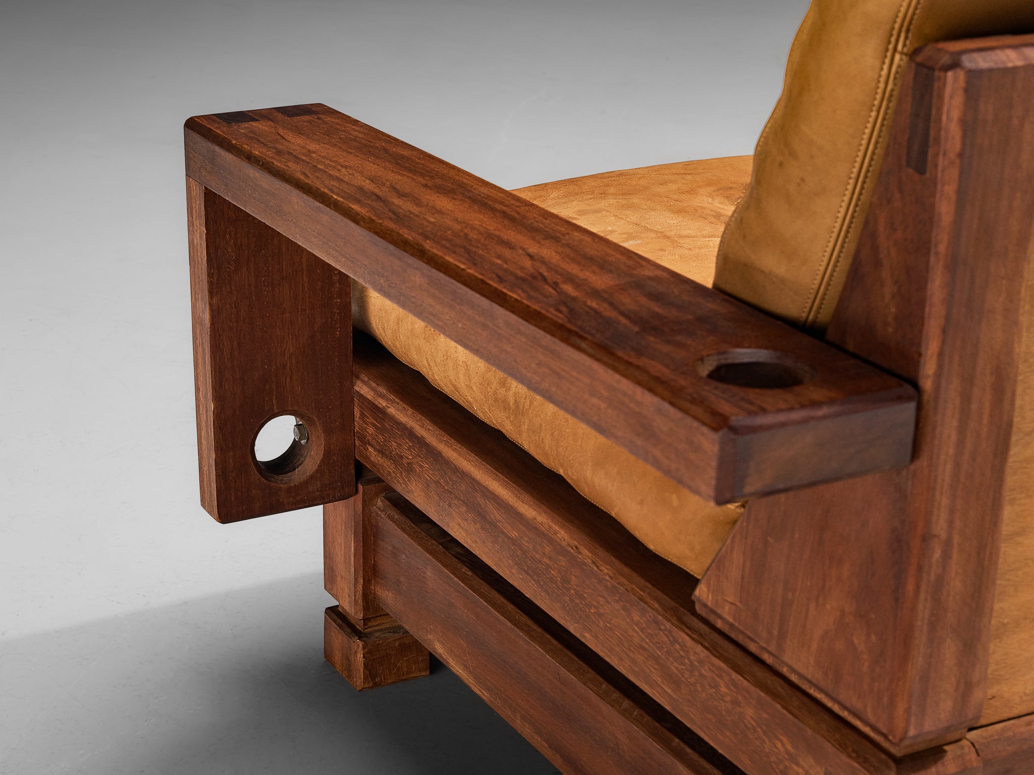 Mid-Century Modern Sofa in Teak and Cognac Brown Leather Seating Morentz