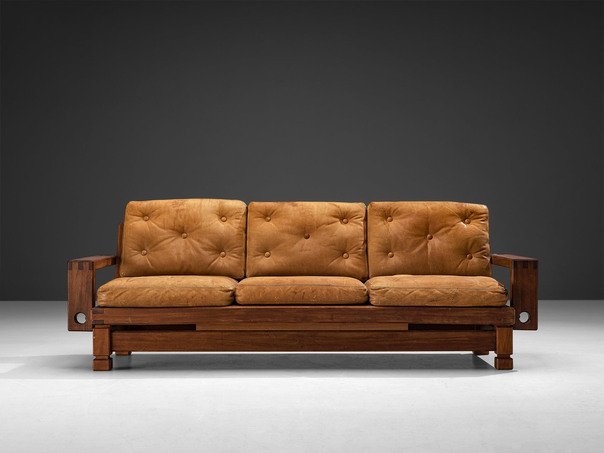 Mid-Century Modern Sofa in Teak and Cognac Brown Leather Seating Morentz