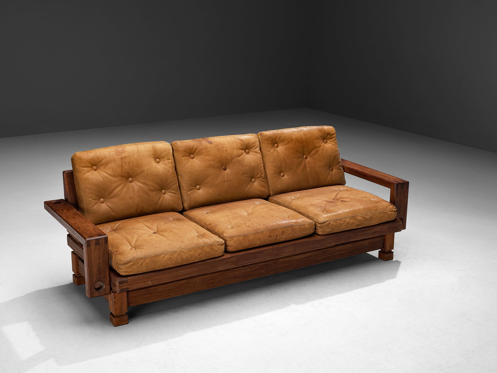 Mid-Century Modern Sofa in Teak and Cognac Brown Leather