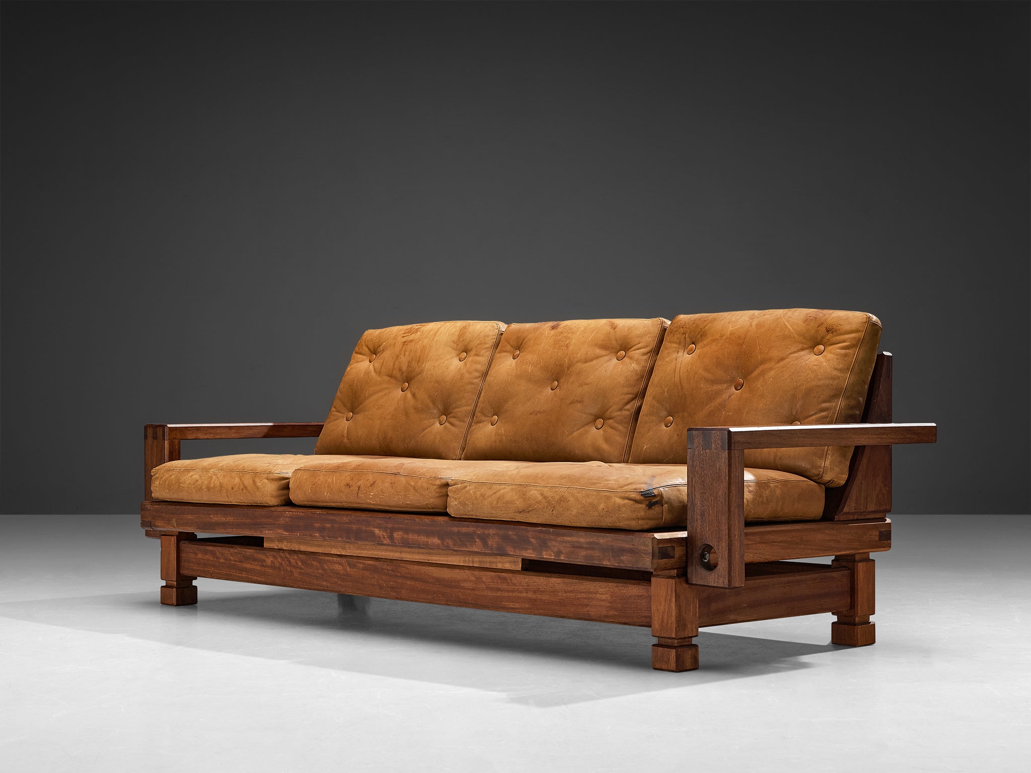 Mid-Century Modern Sofa in Teak and Cognac Brown Leather Seating Morentz