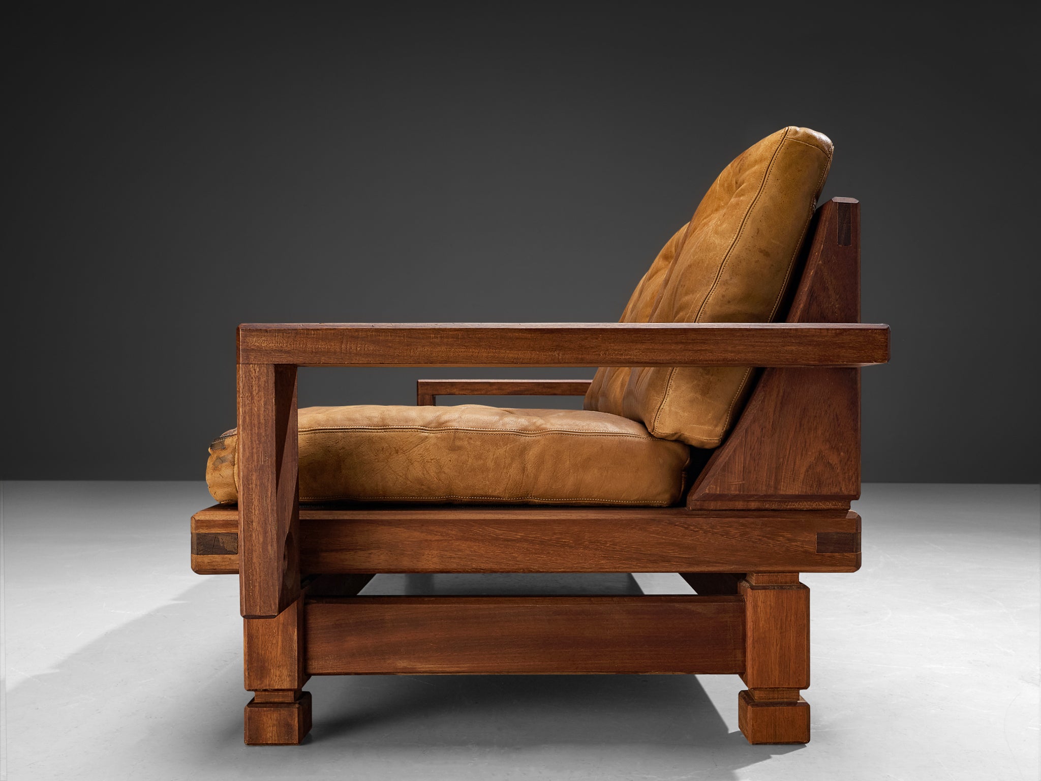 Mid-Century Modern Sofa in Teak and Cognac Brown Leather