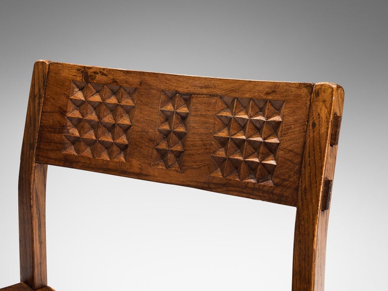 Italian Set of Six Dining Chairs in Oak with Geometrical Carved Backrests