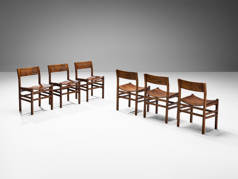 Italian Set of Six Dining Chairs in Oak with Geometrical Carved Backrests