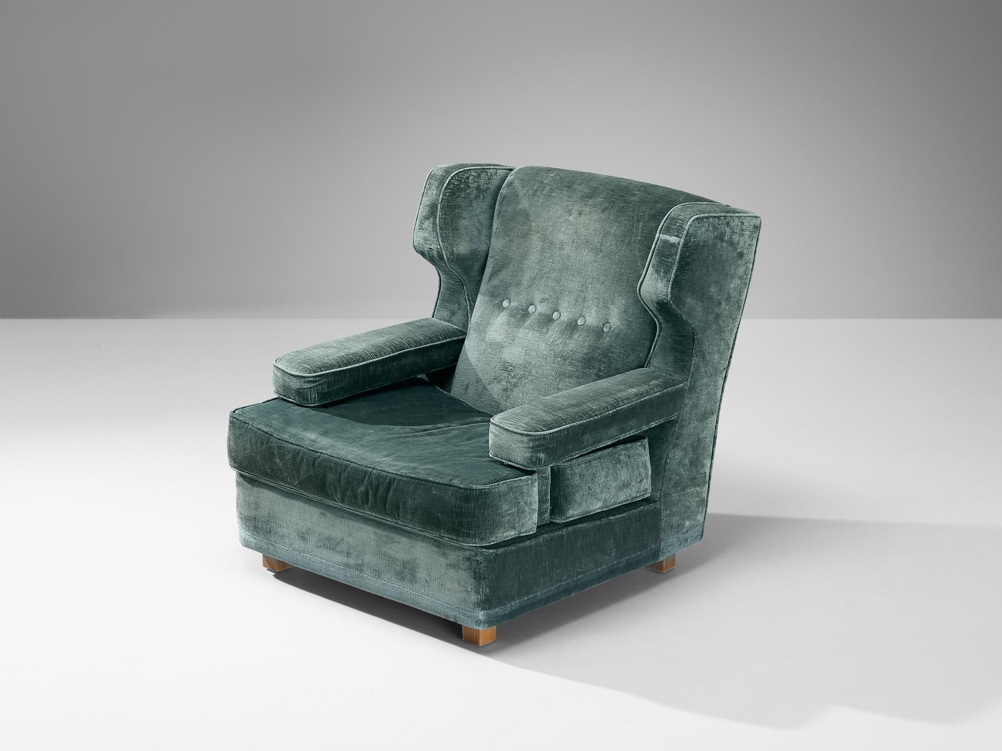Italian Wingback Chair in Mint Green Velour