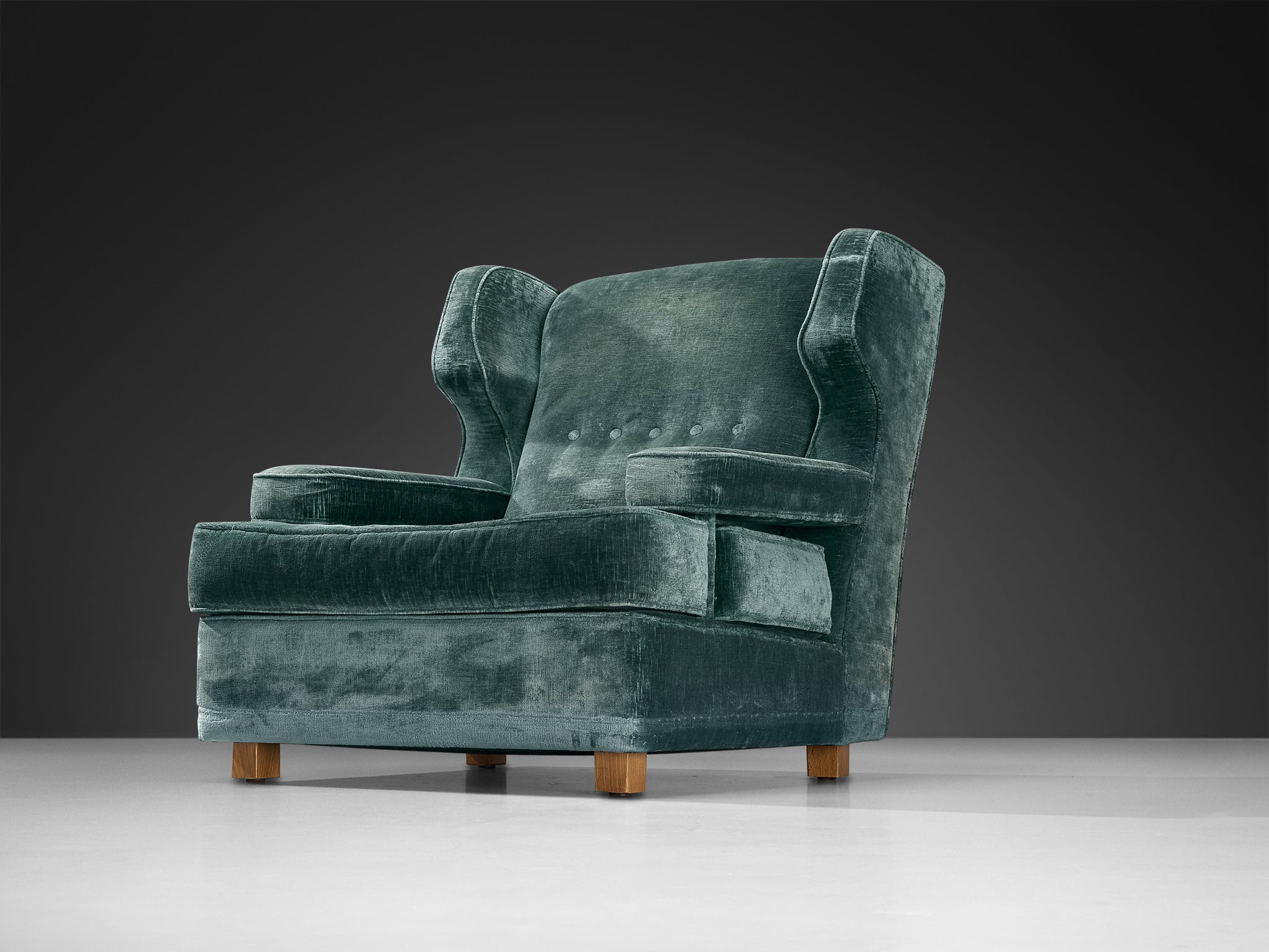 Italian Wingback Chair with Ottoman in Mint Green Velour
