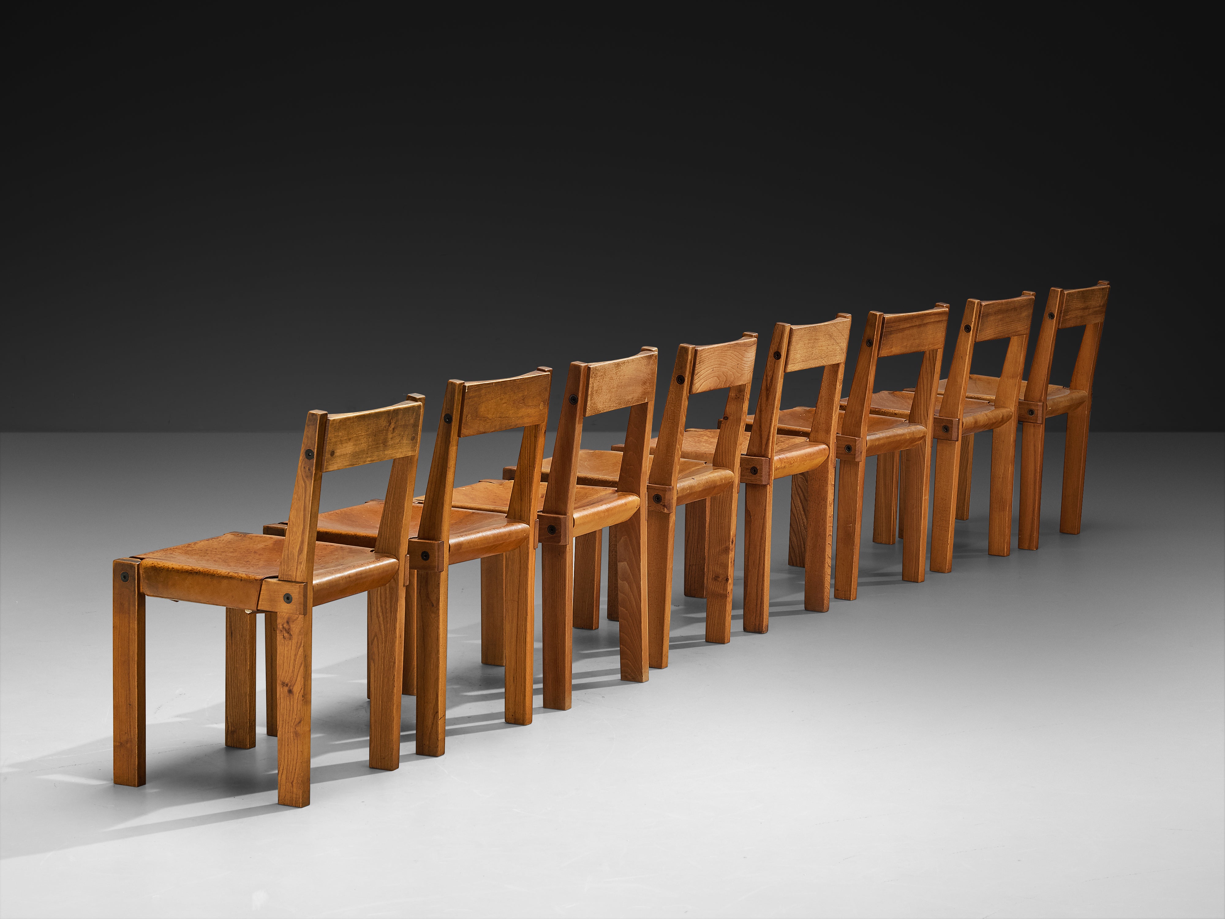 Early Pierre Chapo Set of Eight 'S24' Dining Chairs in Cognac Leather and Elm Seating Morentz