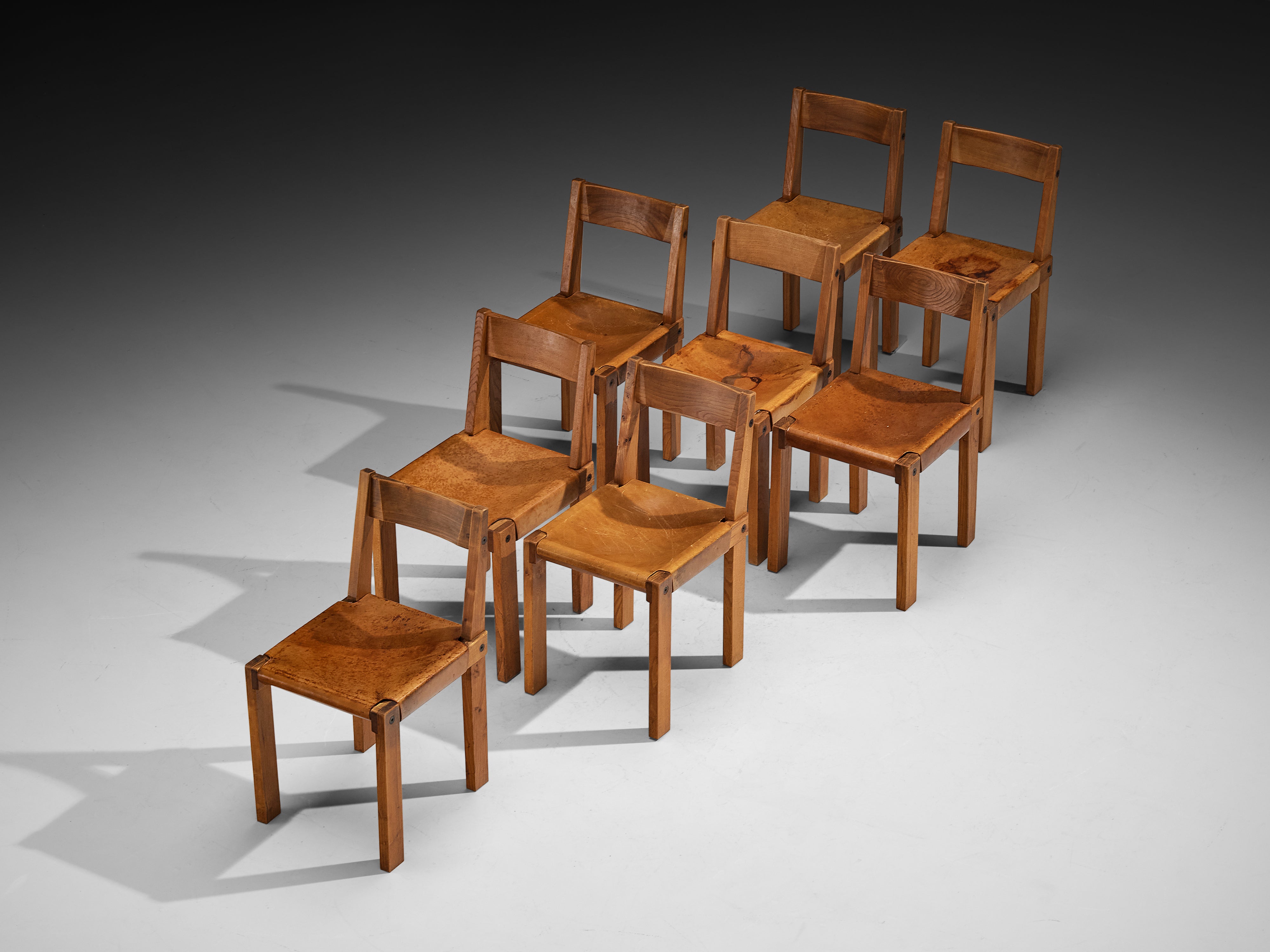 Early Pierre Chapo Set of Eight 'S24' Dining Chairs in Cognac Leather and Elm Seating Morentz