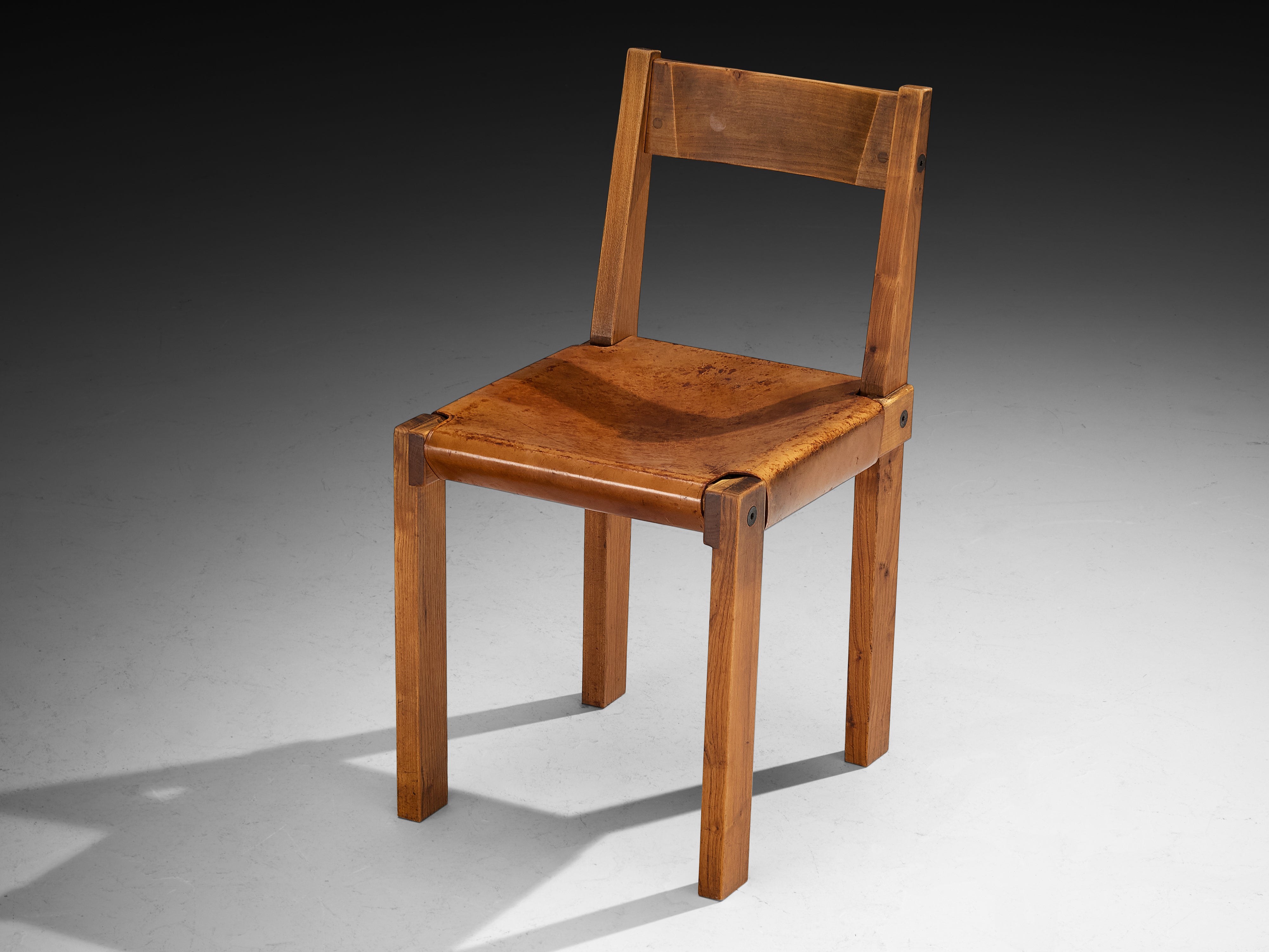 Early Pierre Chapo Set of Eight 'S24' Dining Chairs in Cognac Leather and Elm Seating Morentz