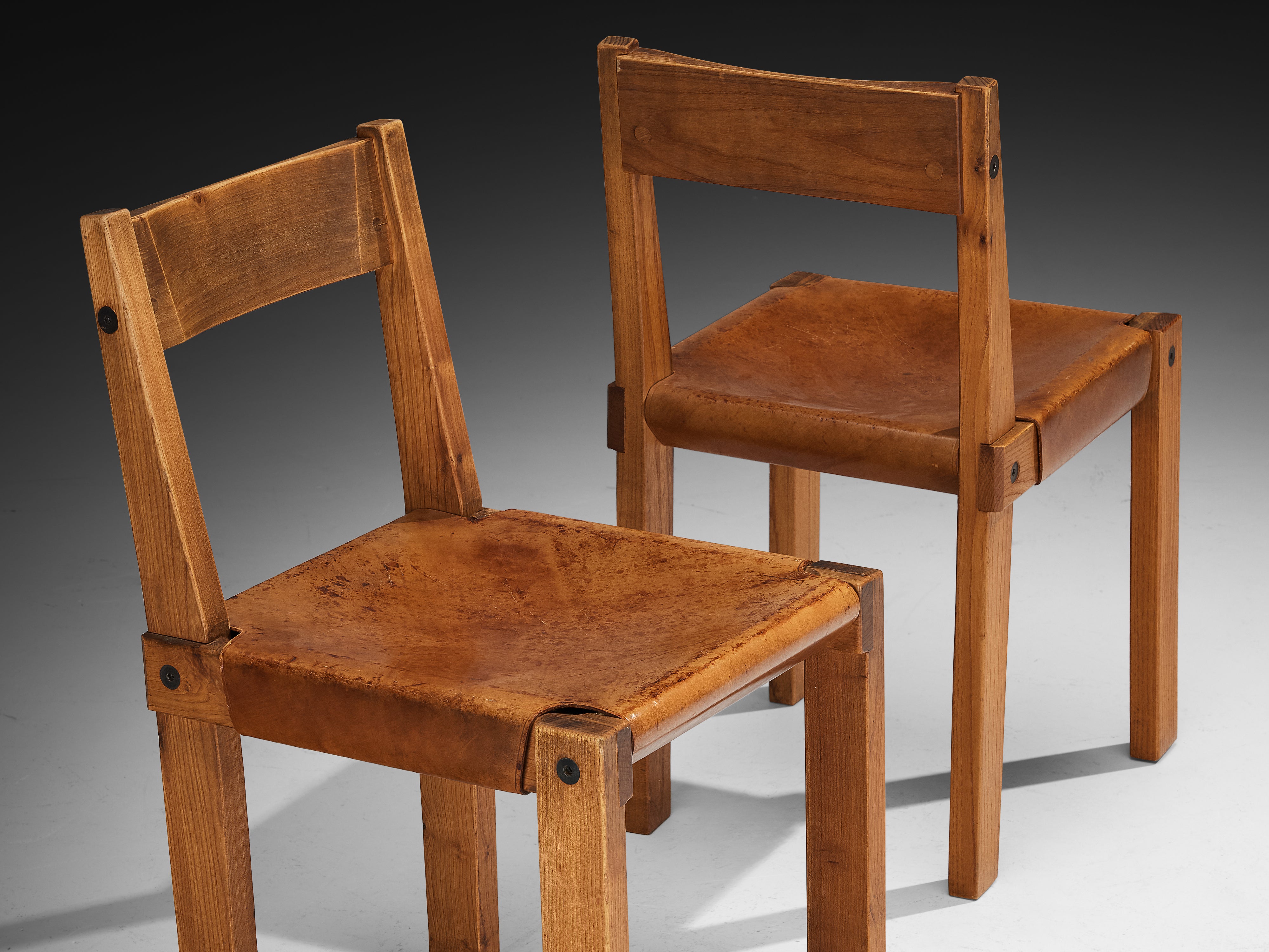 Early Pierre Chapo Set of Eight 'S24' Dining Chairs in Cognac Leather and Elm Seating Morentz